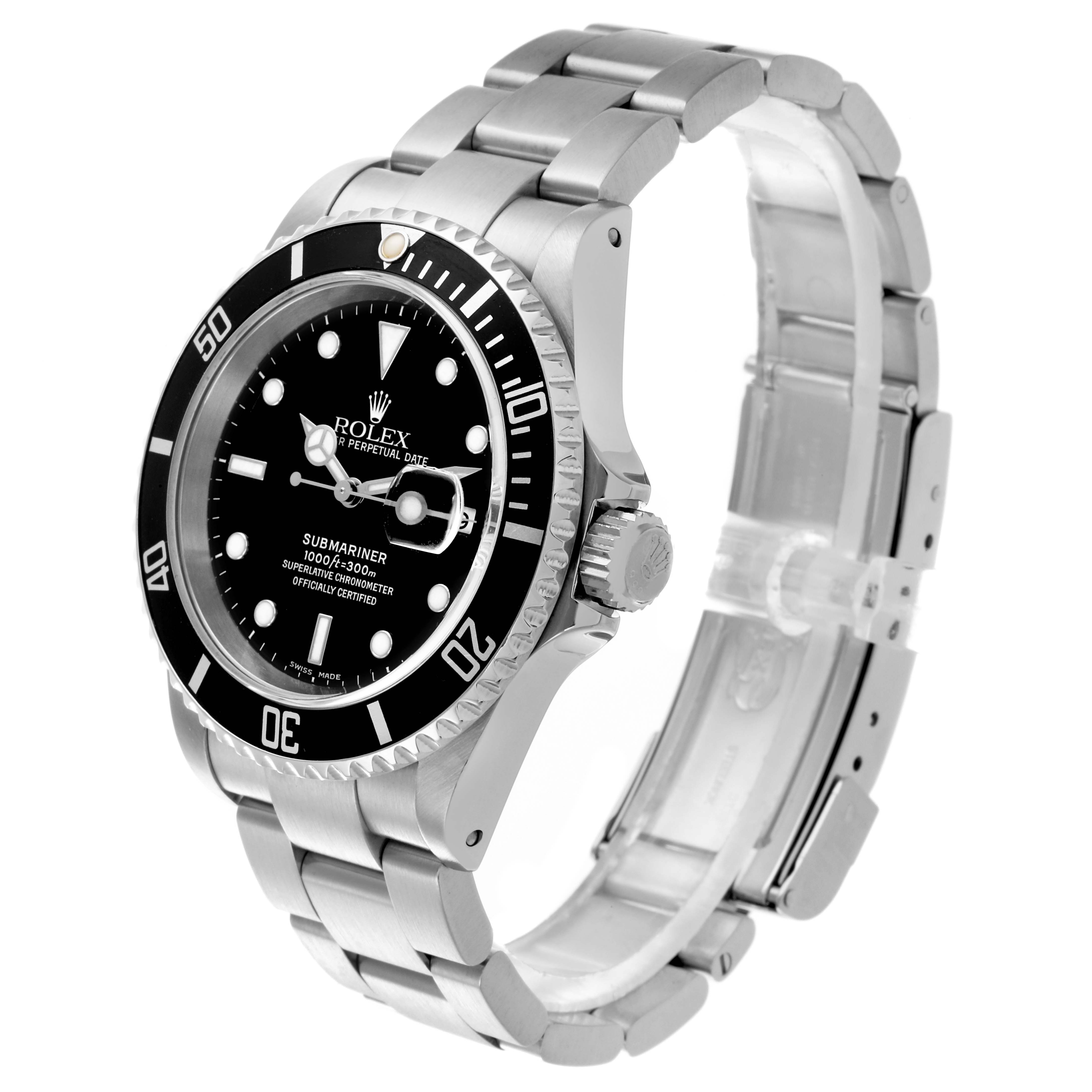 The Rolex Submariner 16610 Men
s Stainless Steel Black Dial 16610 Men
s Stainless Steel Black Dial watch is shown at a three-quarter angle, displaying the face, bezel, crown, and bracelet.