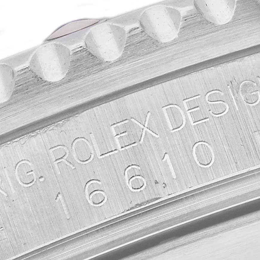 The image shows a close-up of the bezel and side engraving on a Rolex Submariner 16610 Men
s Stainless Steel Black Dial 16610 Men
s Stainless Steel Black Dial watch.
