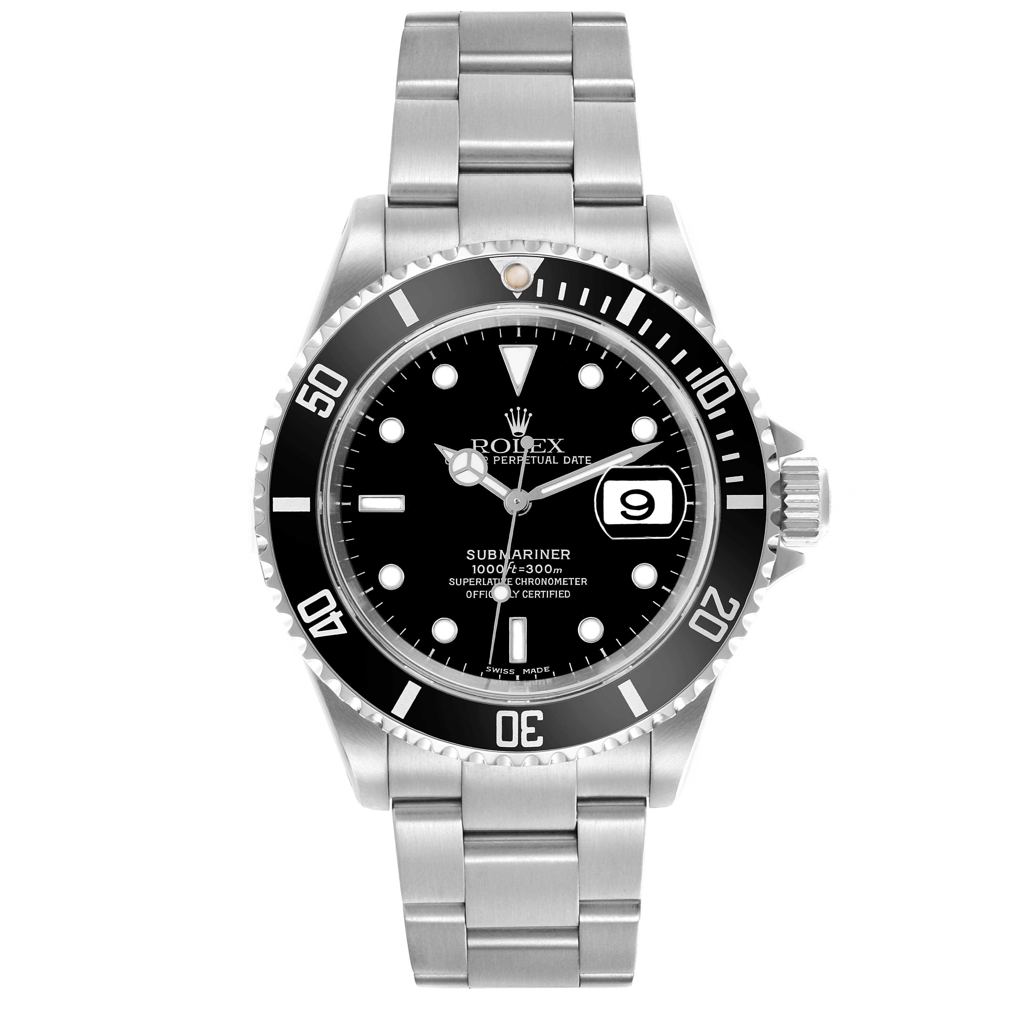 The Rolex Submariner 16610 Men
s Stainless Steel Black Dial 16610 Men
s Stainless Steel Black Dial watch is shown from the front, displaying the dial, bezel, and bracelet.