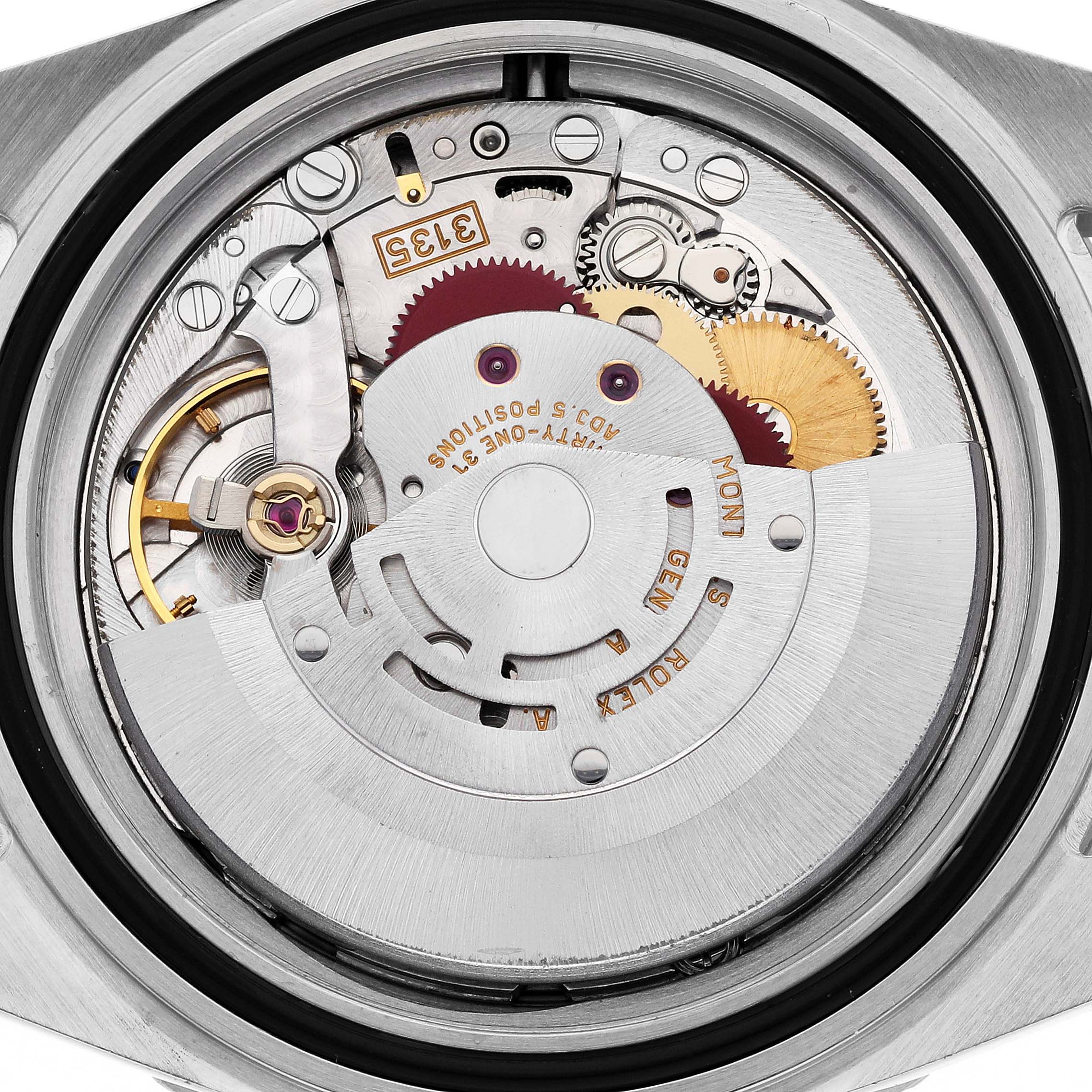 The image shows the open case back revealing the movement of a Rolex Submariner 16610 Men
s Stainless Steel Black Dial 16610 Men
s Stainless Steel Black Dial watch.