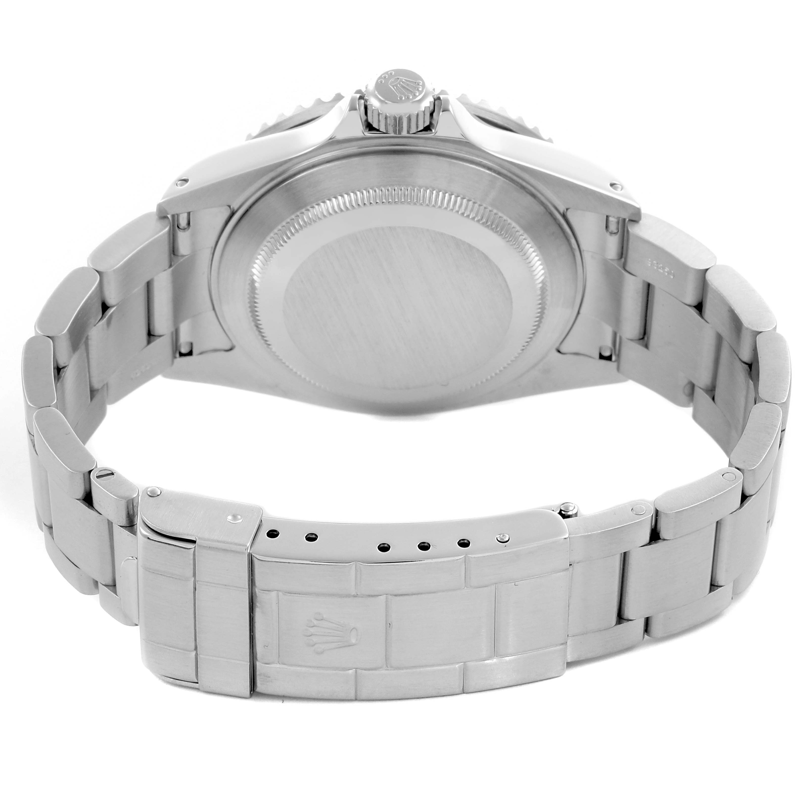 This image shows the back of a Rolex Submariner 16610 Men
s Stainless Steel Black Dial 16610 Men
s Stainless Steel Black Dial watch, highlighting the case back, crown, and part of the bracelet with a clasp.