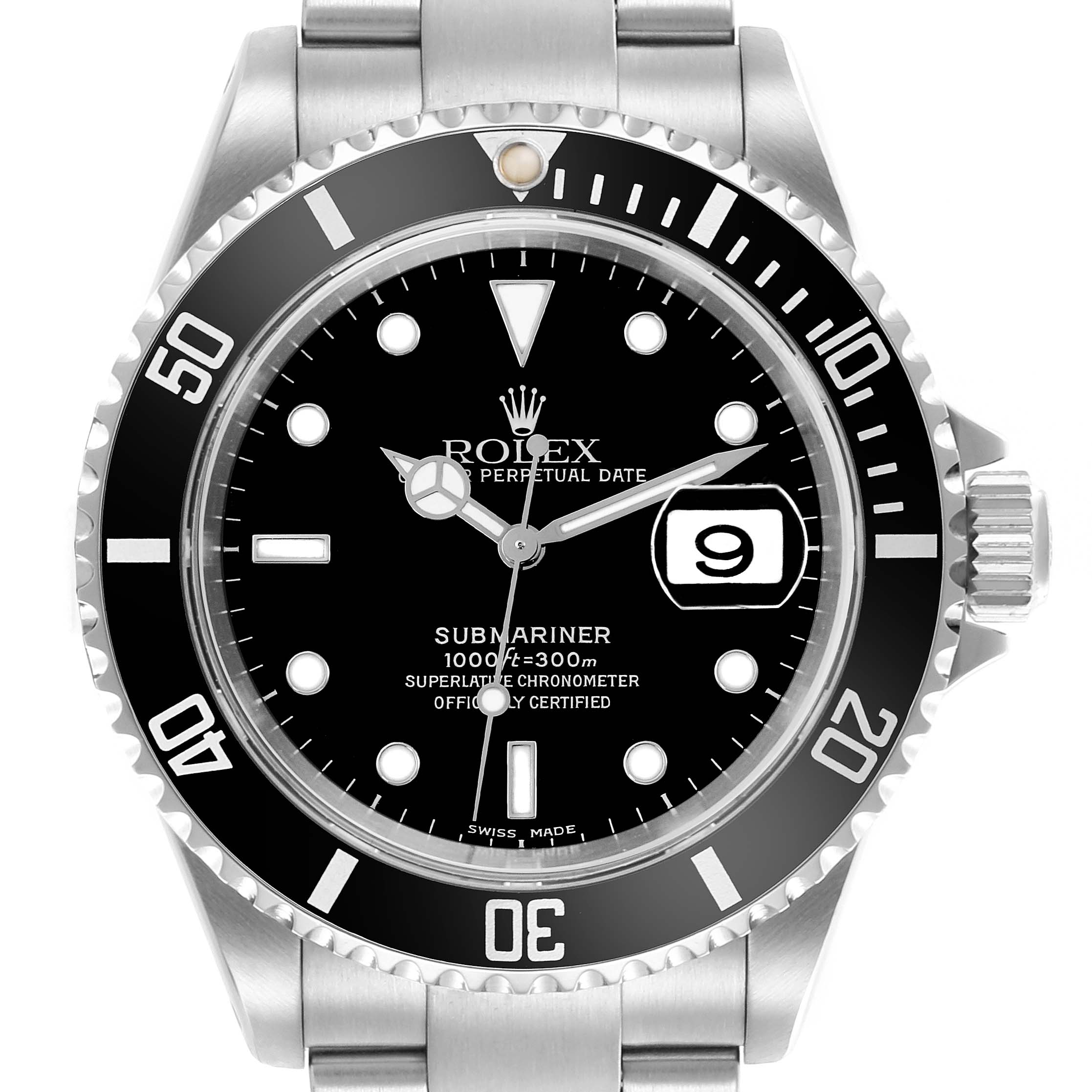 This image shows a frontal view of the Rolex Submariner 16610 Men
s Stainless Steel Black Dial 16610 Men
s Stainless Steel Black Dial watch, highlighting its face, bezel, and part of the bracelet.
