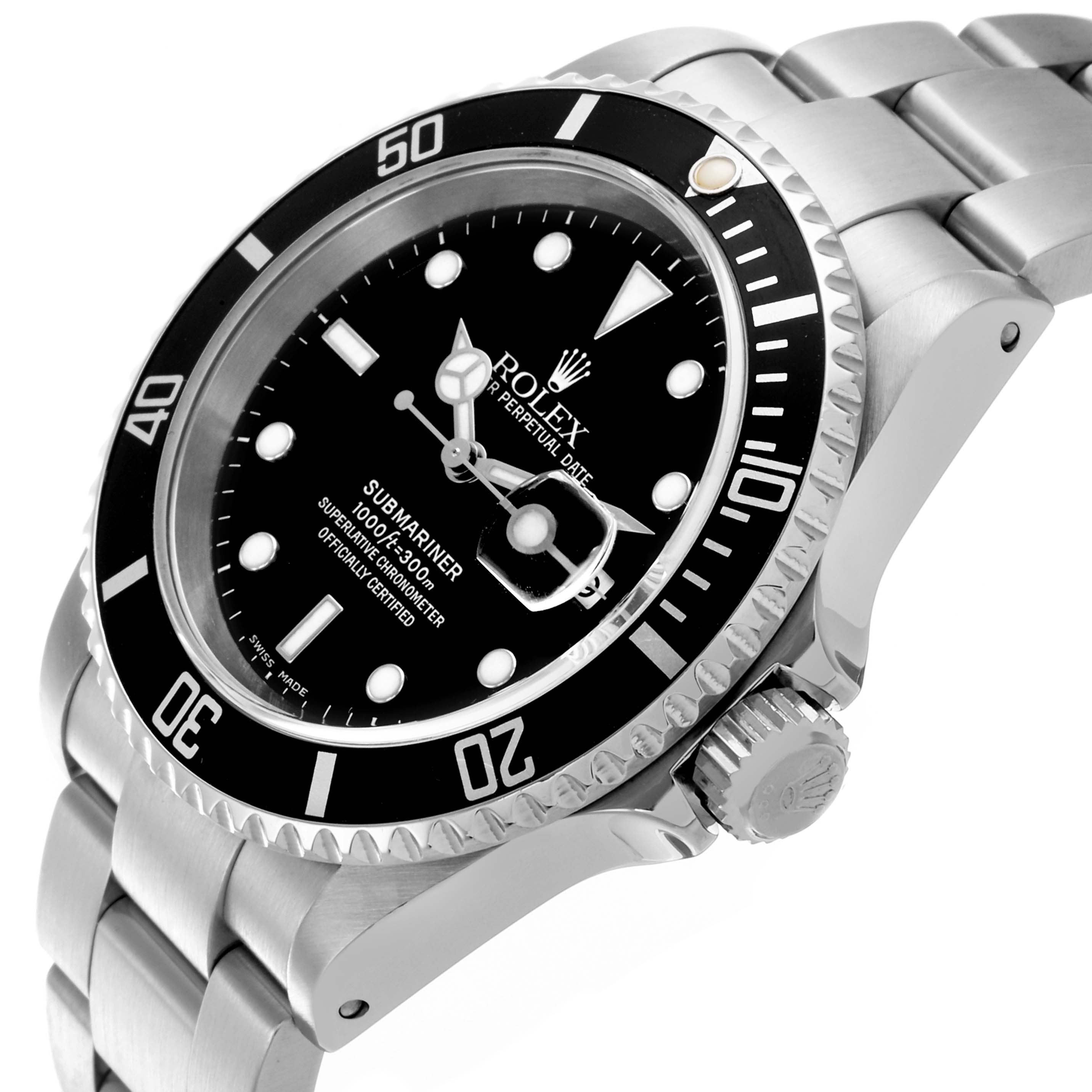 The Rolex Submariner 16610 Men
s Stainless Steel Black Dial 16610 Men
s Stainless Steel Black Dial watch is shown from a three-quarter angle, displaying the face, bezel, crown, and part of the bracelet.