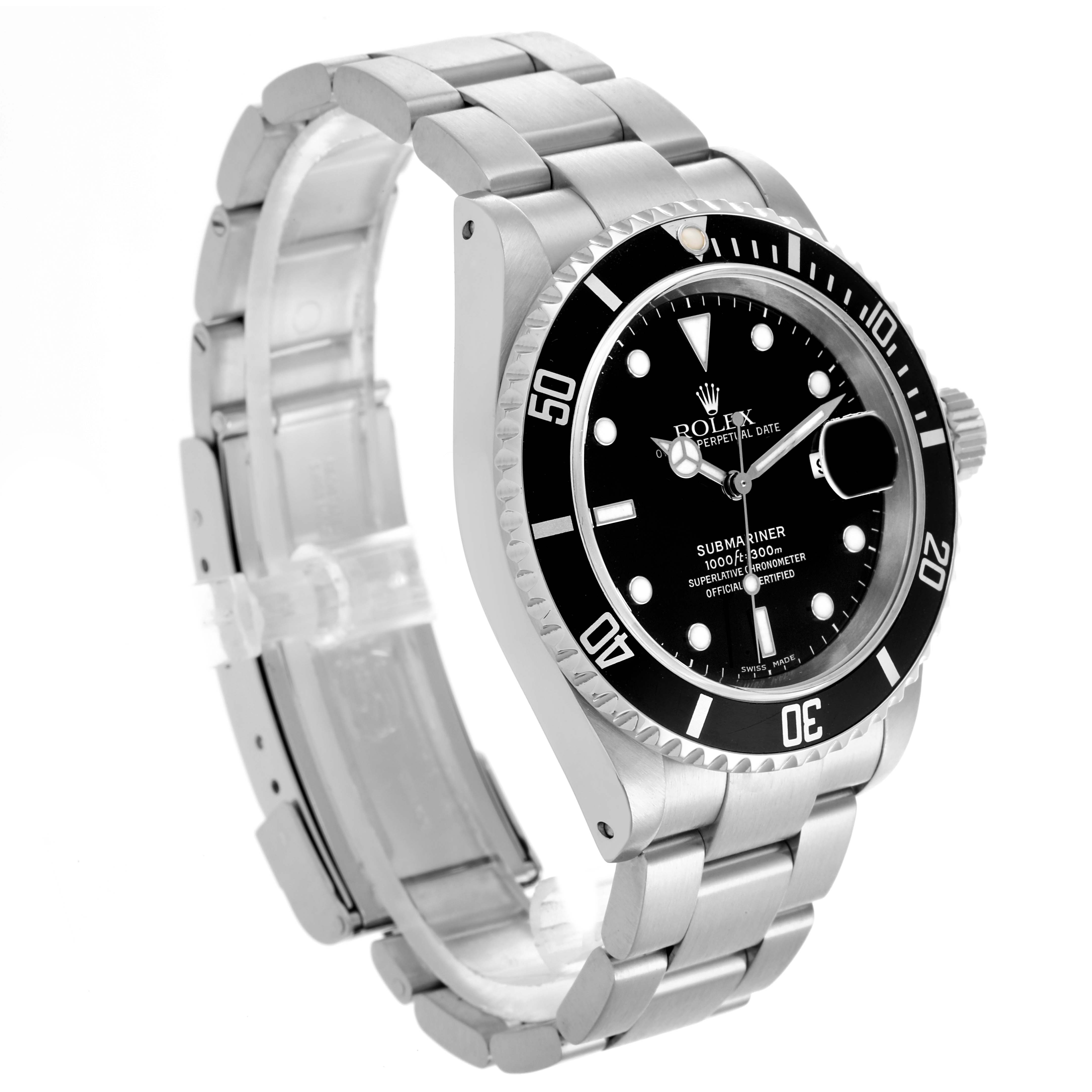 The Rolex Submariner 16610 Men
s Stainless Steel Black Dial 16610 Men
s Stainless Steel Black Dial watch is shown at an angle showcasing the face, bezel, crown, and bracelet.