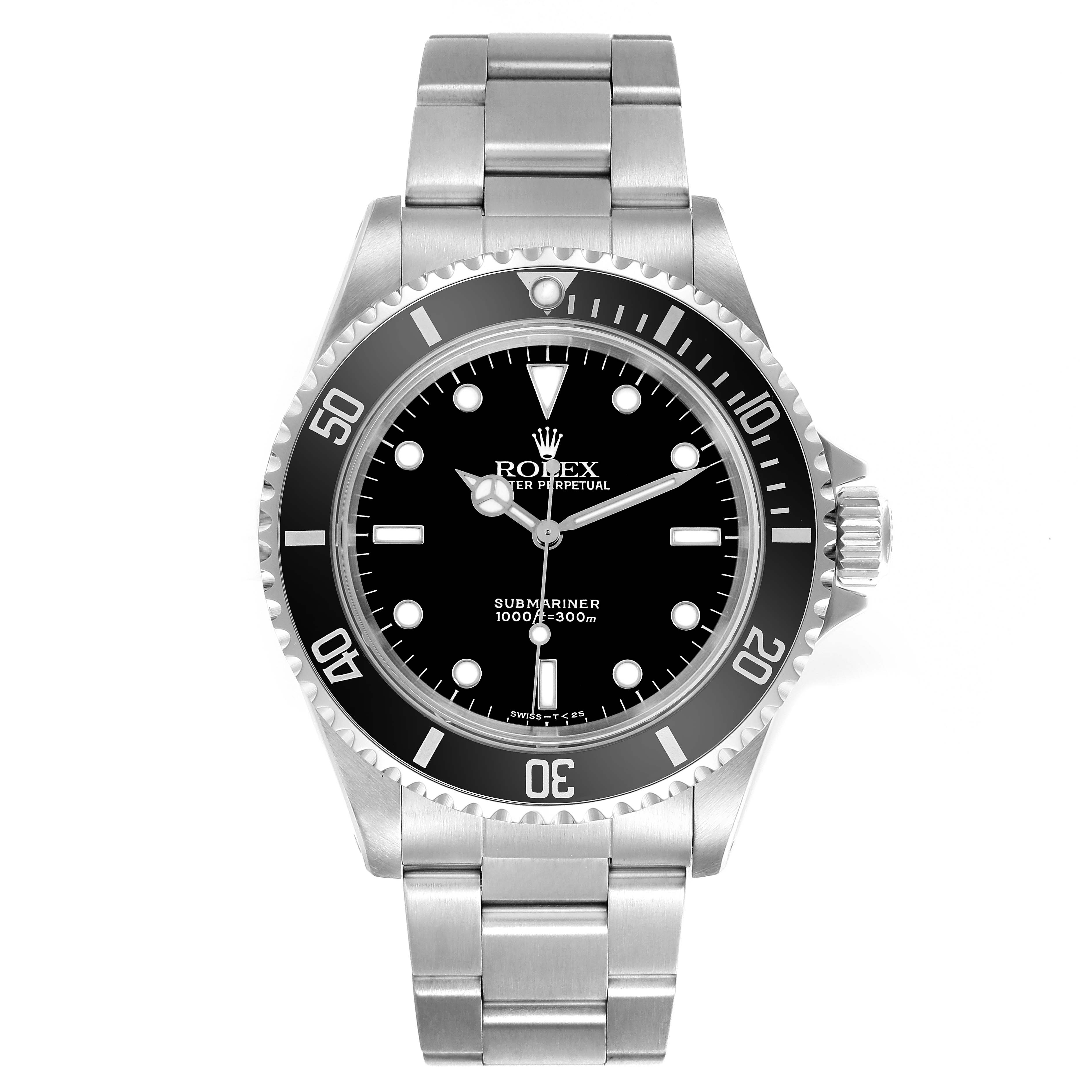 The Rolex Submariner 14060 Men
s Stainless Steel Black Dial 14060 Men
s Stainless Steel Black Dial watch is shown from the front, displaying the dial, bezel, case, and bracelet.