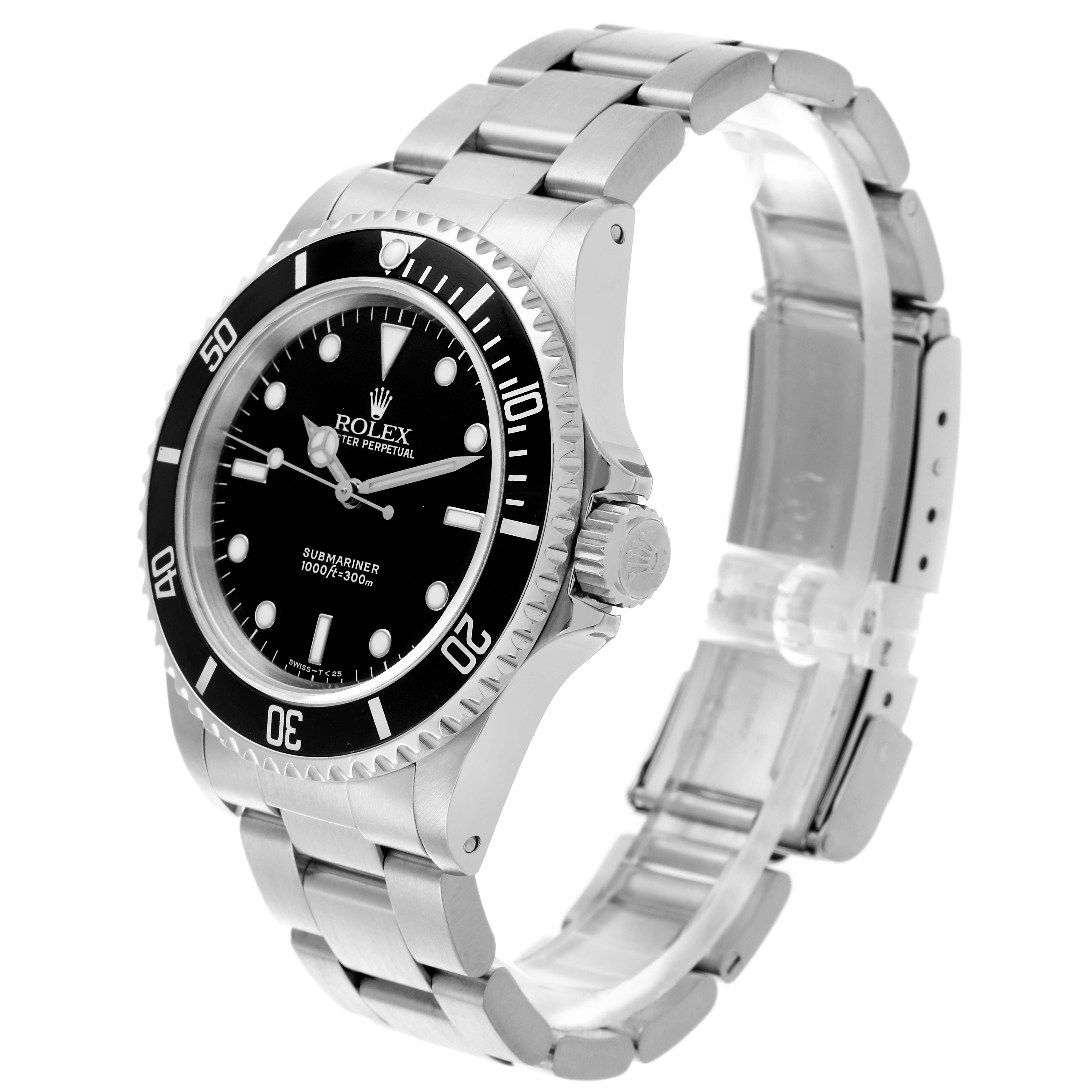 The Rolex Submariner 14060 Men
s Stainless Steel Black Dial 14060 Men
s Stainless Steel Black Dial watch is shown at a three-quarter angle, highlighting the face, bezel, crown, and bracelet.
