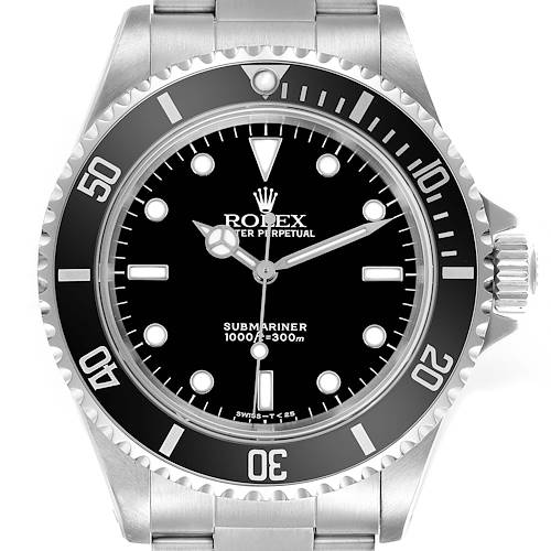 The image shows a front view of the Rolex Submariner's face, bezel, and part of the bracelet.