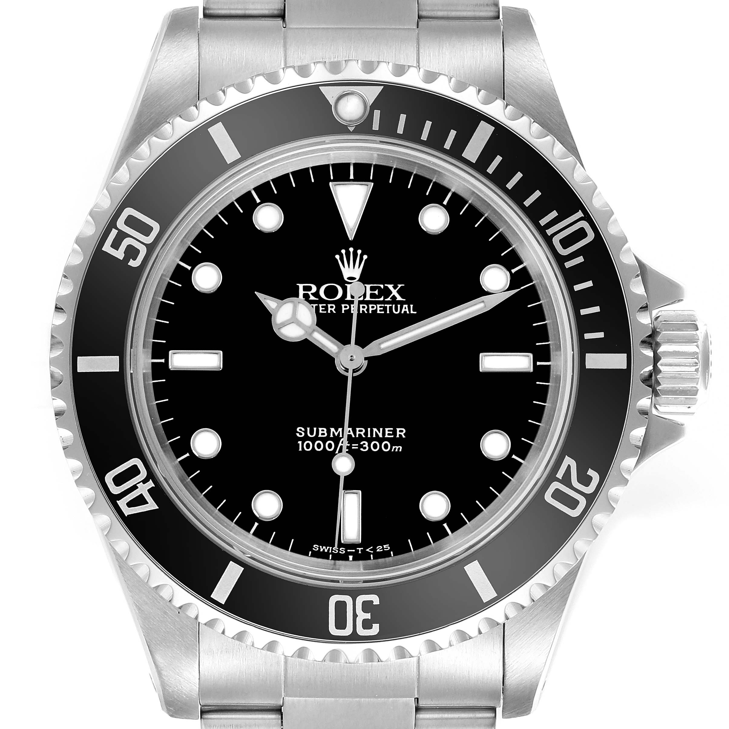 The Rolex Submariner 14060 Men
s Stainless Steel Black Dial 14060 Men
s Stainless Steel Black Dial watch is shown from the front, displaying the dial, bezel, and part of the bracelet.