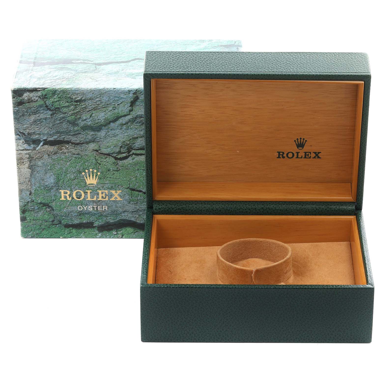 The image shows an open Rolex Submariner 14060 Men
s Stainless Steel Black Dial 14060 Men
s Stainless Steel Black Dial watch box and its outer packaging, emphasizing the interior lining and display cushion.
