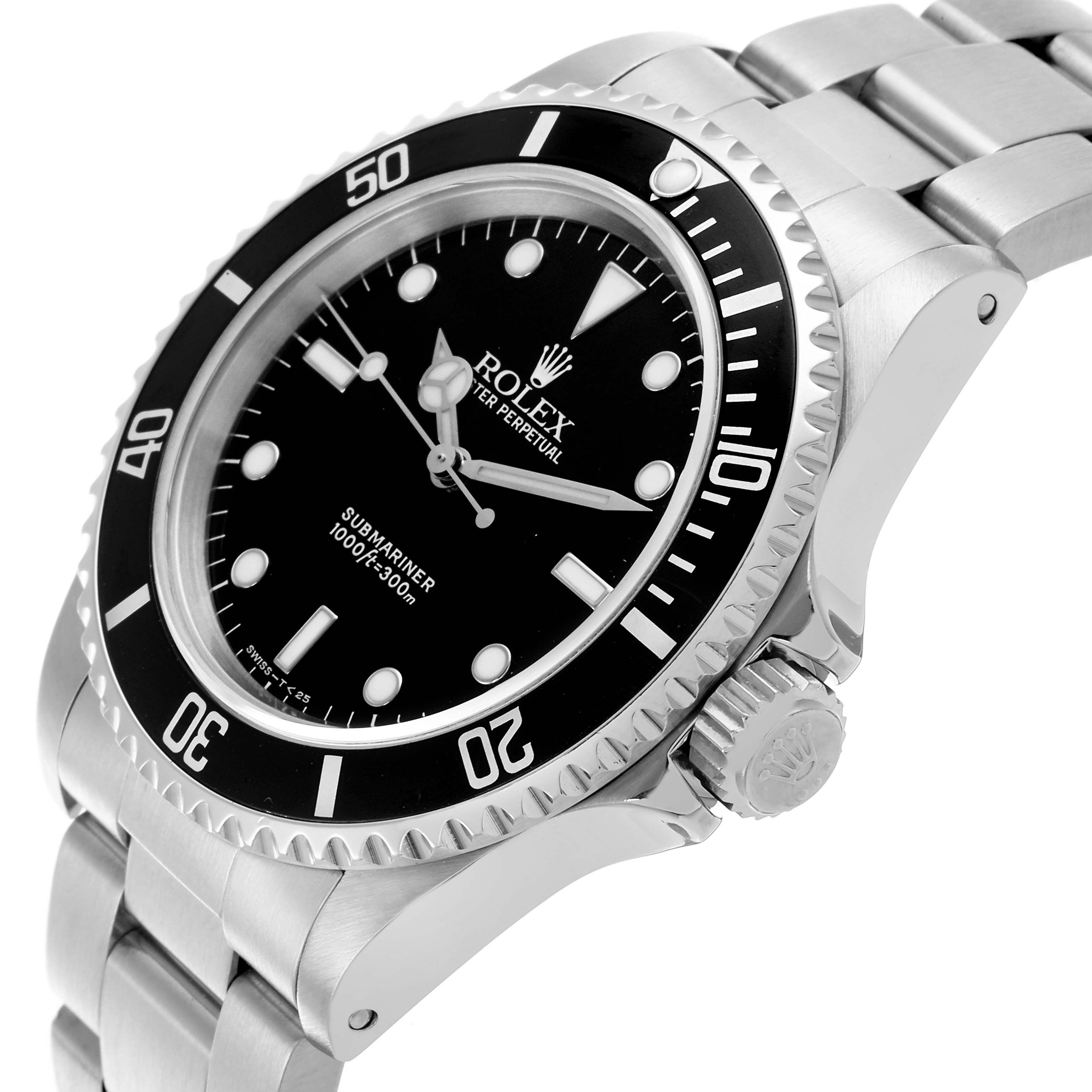 The image shows a Rolex Submariner 14060 Men
s Stainless Steel Black Dial 14060 Men
s Stainless Steel Black Dial watch at an angled side view, displaying the bezel, dial, crown, and bracelet.
