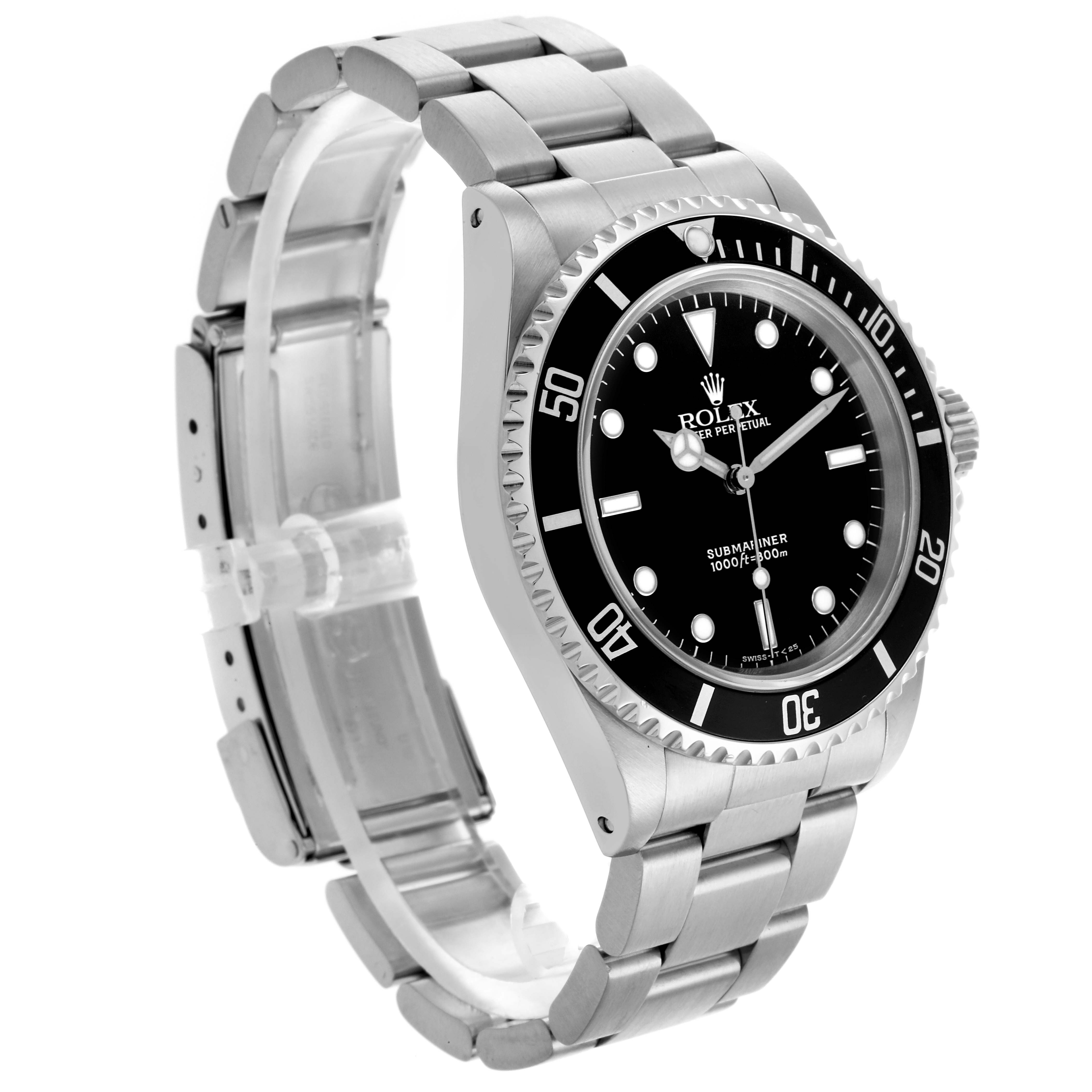The Rolex Submariner 14060 Men
s Stainless Steel Black Dial 14060 Men
s Stainless Steel Black Dial watch is shown at a three-quarter angle, highlighting the face, bezel, crown, and bracelet.