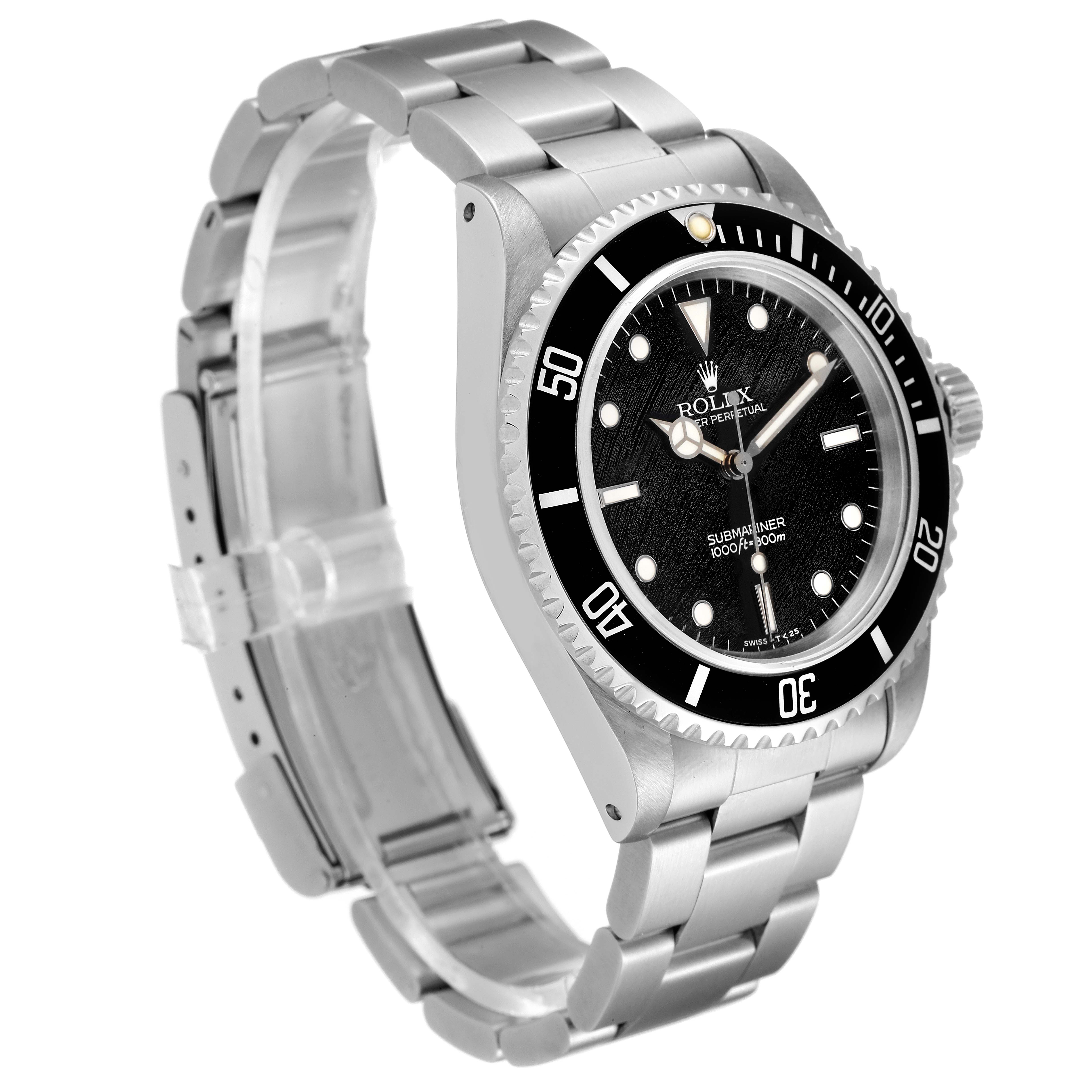 The image shows a Rolex Submariner 14060 Men
s Stainless Steel Black Dial 14060 Men
s Stainless Steel Black Dial watch from an angled side view, highlighting the bezel, dial, and bracelet.