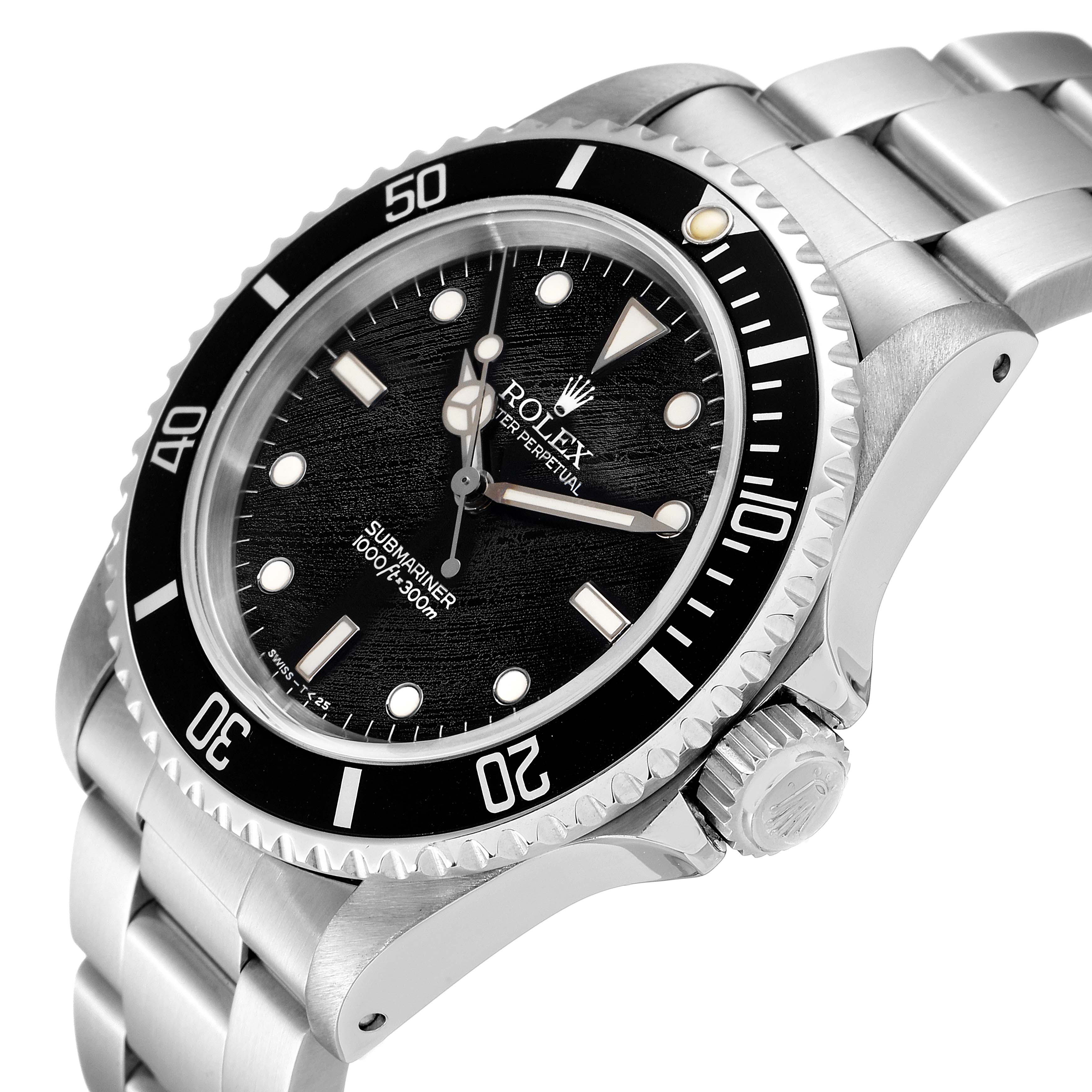 The image shows a close-up, angled view of a Rolex Submariner 14060 Men
s Stainless Steel Black Dial 14060 Men
s Stainless Steel Black Dial watch, focusing on its dial, bezel, and bracelet.