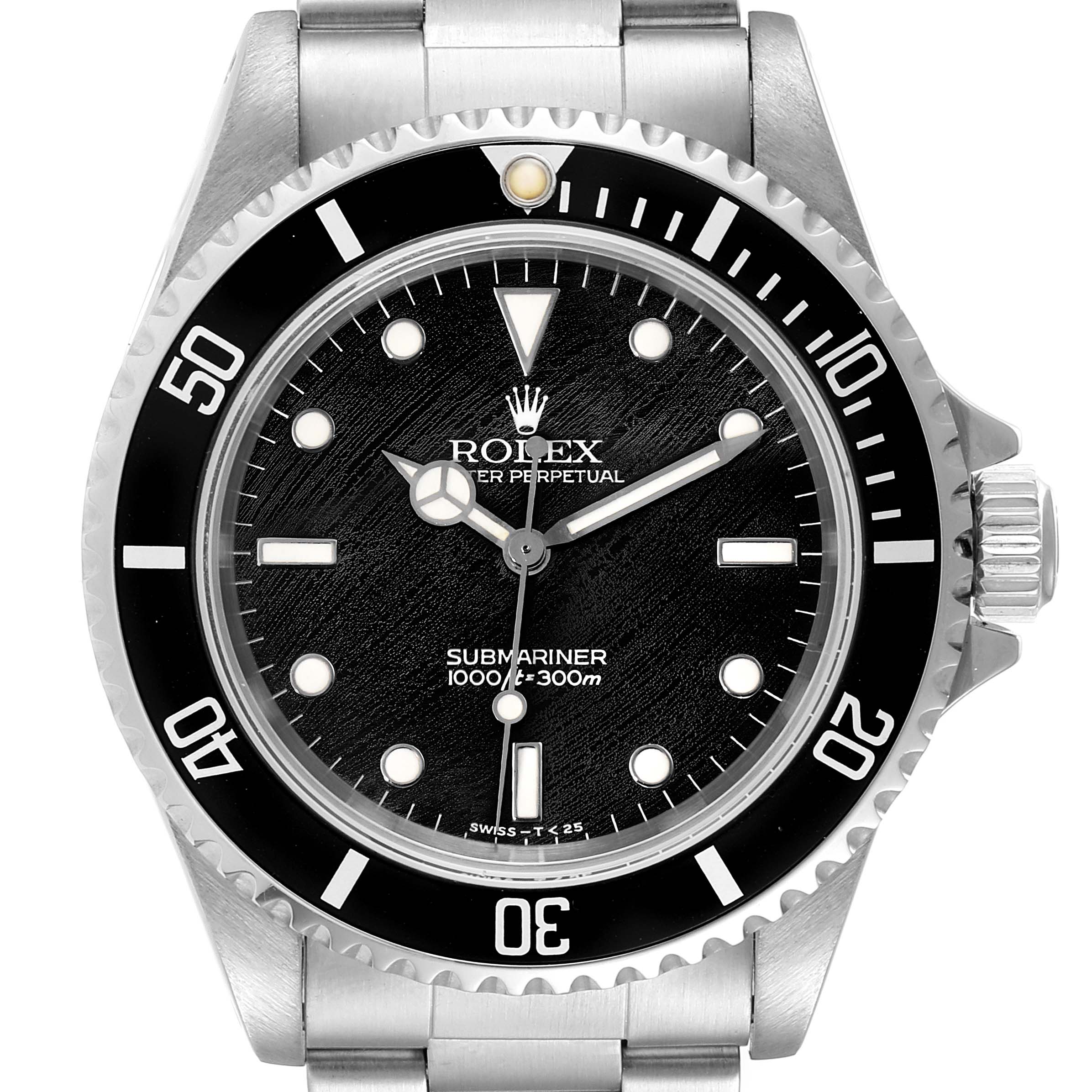 This image shows a front view of a Rolex Submariner 14060 Men
s Stainless Steel Black Dial 14060 Men
s Stainless Steel Black Dial watch, highlighting the dial, bezel, and part of the stainless steel bracelet.