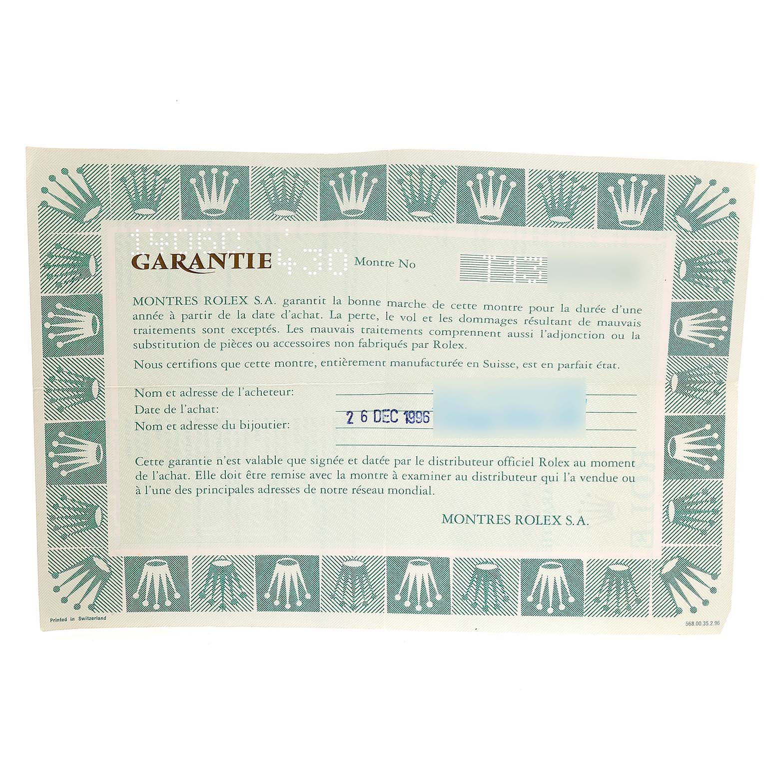 The image shows a warranty certificate for a Rolex Submariner 14060 Men
s Stainless Steel Black Dial 14060 Men
s Stainless Steel Black Dial, featuring the brand name, purchase date, and a decorative border with Rolex logos.