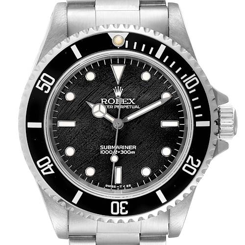 The image shows a front view of the Rolex Submariner watch, displaying its dial, bezel, and part of the bracelet.