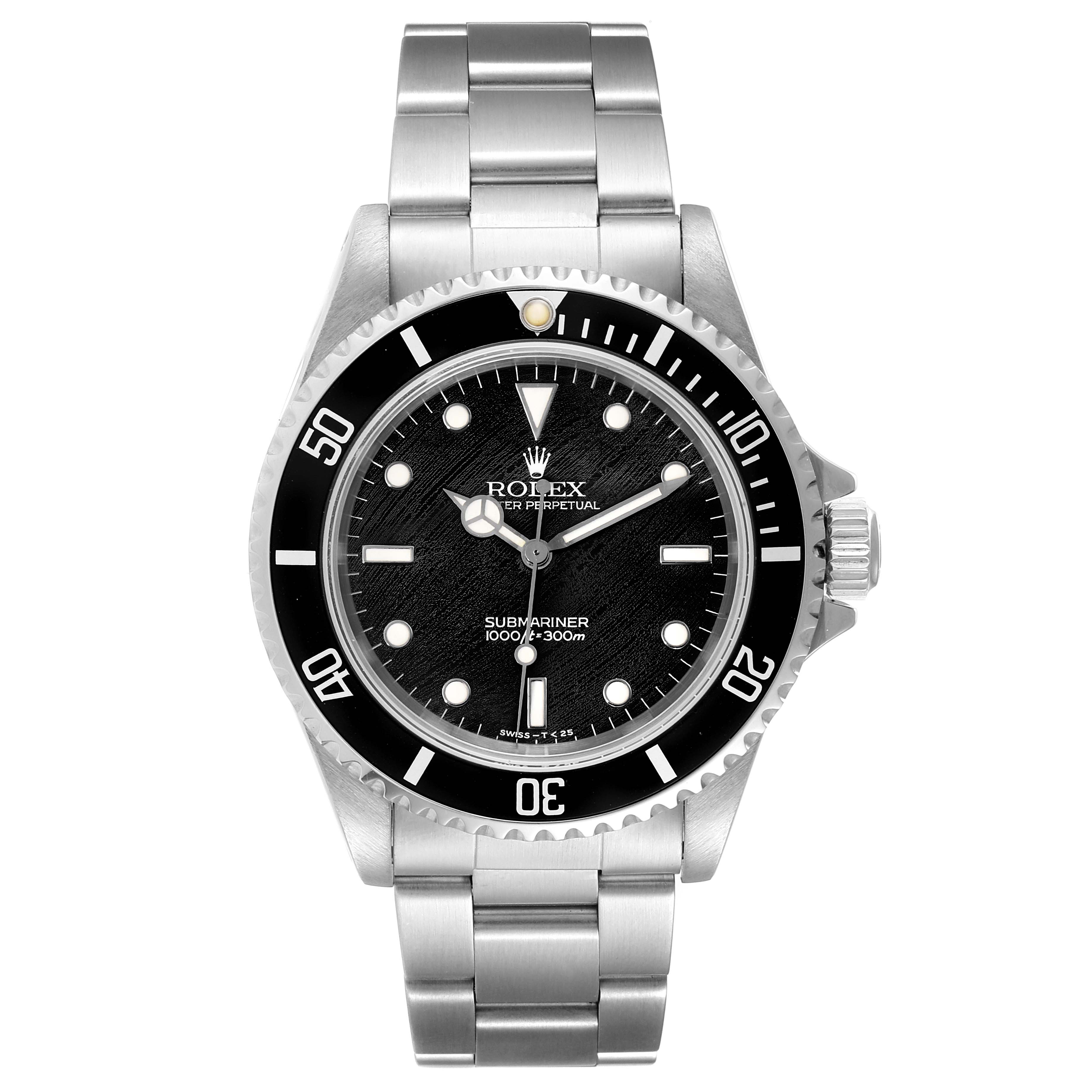 This image shows a front view of a Rolex Submariner 14060 Men
s Stainless Steel Black Dial 14060 Men
s Stainless Steel Black Dial watch, displaying its dial, bezel, bracelet, and crown.