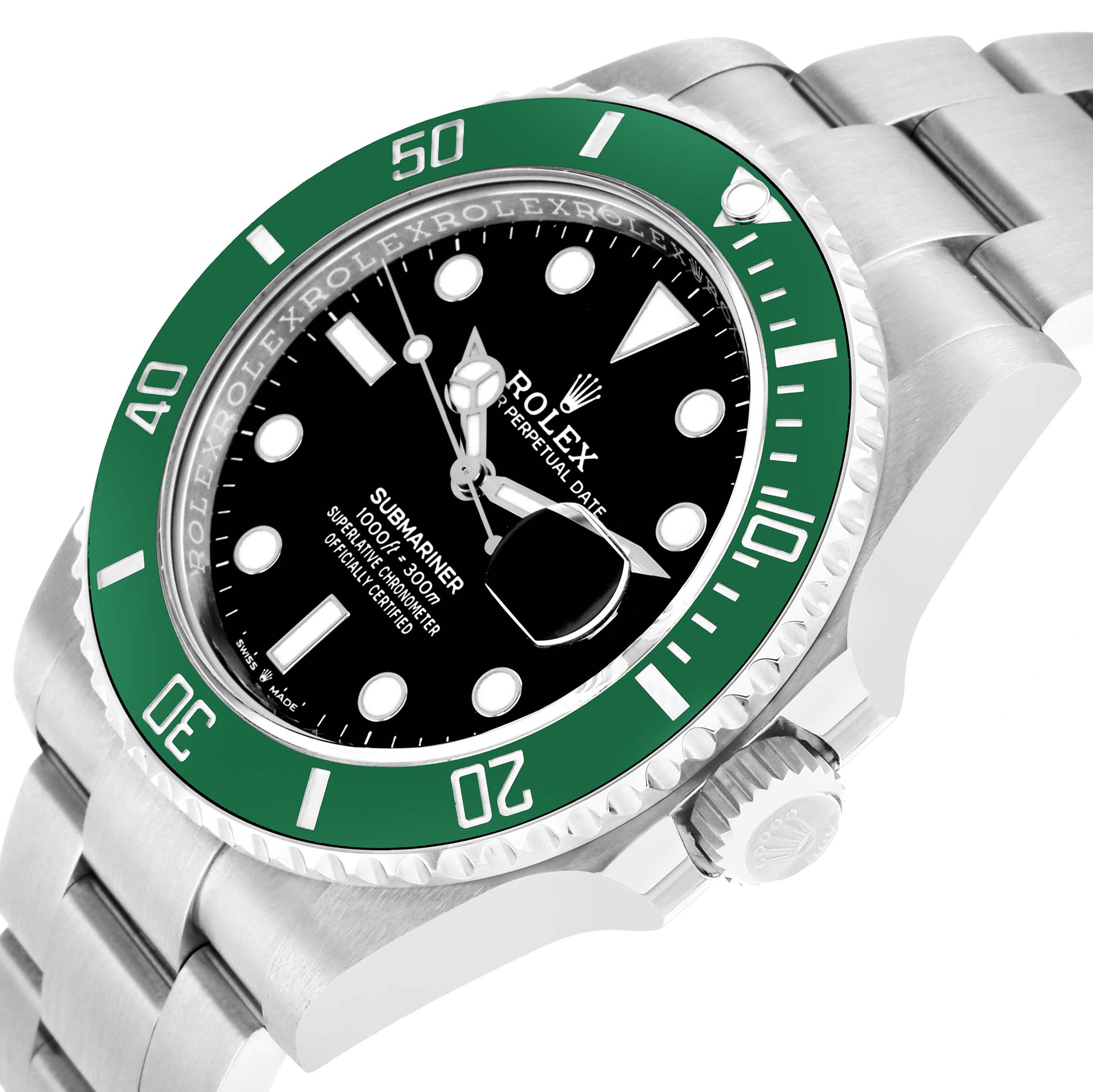 The Rolex Submariner 126610 Men
s Stainless Steel Black Dial is shown at an angled side view highlighting the green bezel, black dial, crown, and part of the bracelet.