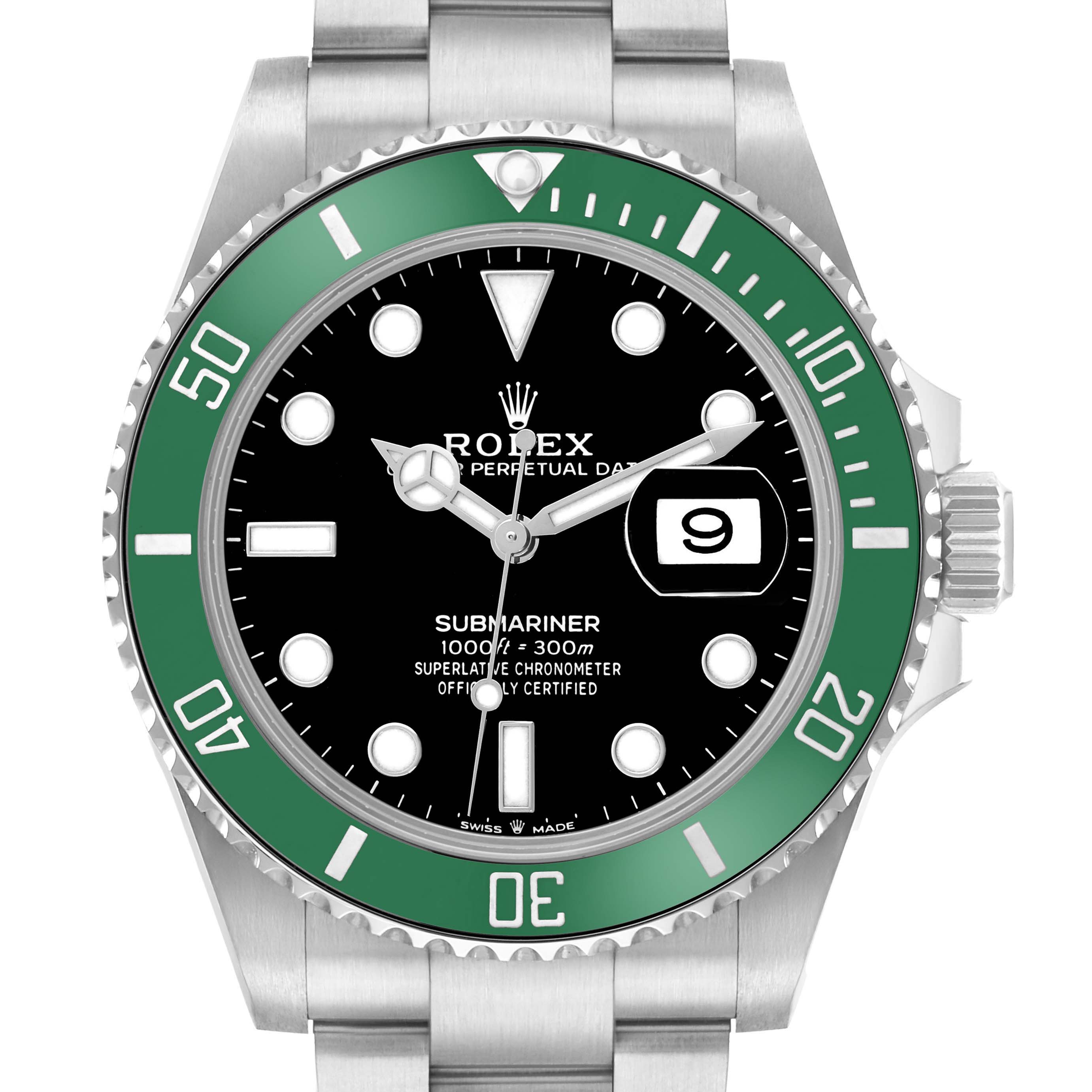 The Rolex Submariner 126610 Men
s Stainless Steel Black Dial watch is shown from a front angle, displaying its green bezel, black dial, and bracelet.