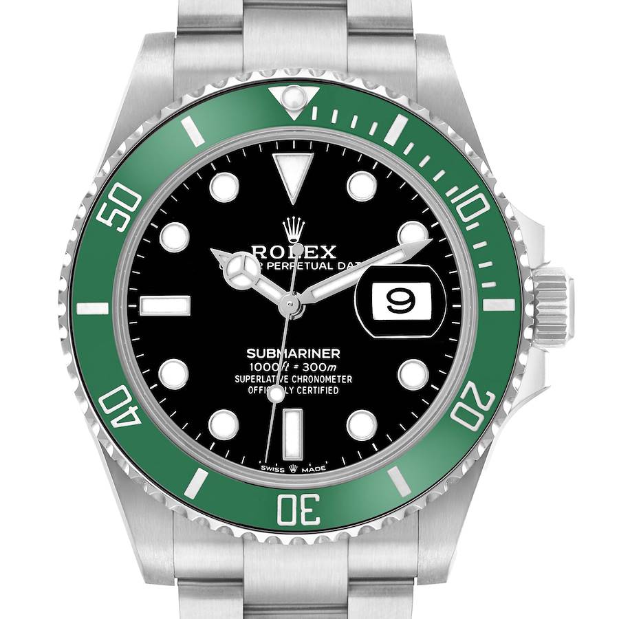 The Rolex Submariner 126610 Men's Stainless Steel Black Dial watch is shown from a front angle, displaying its green bezel, black dial, and bracelet.