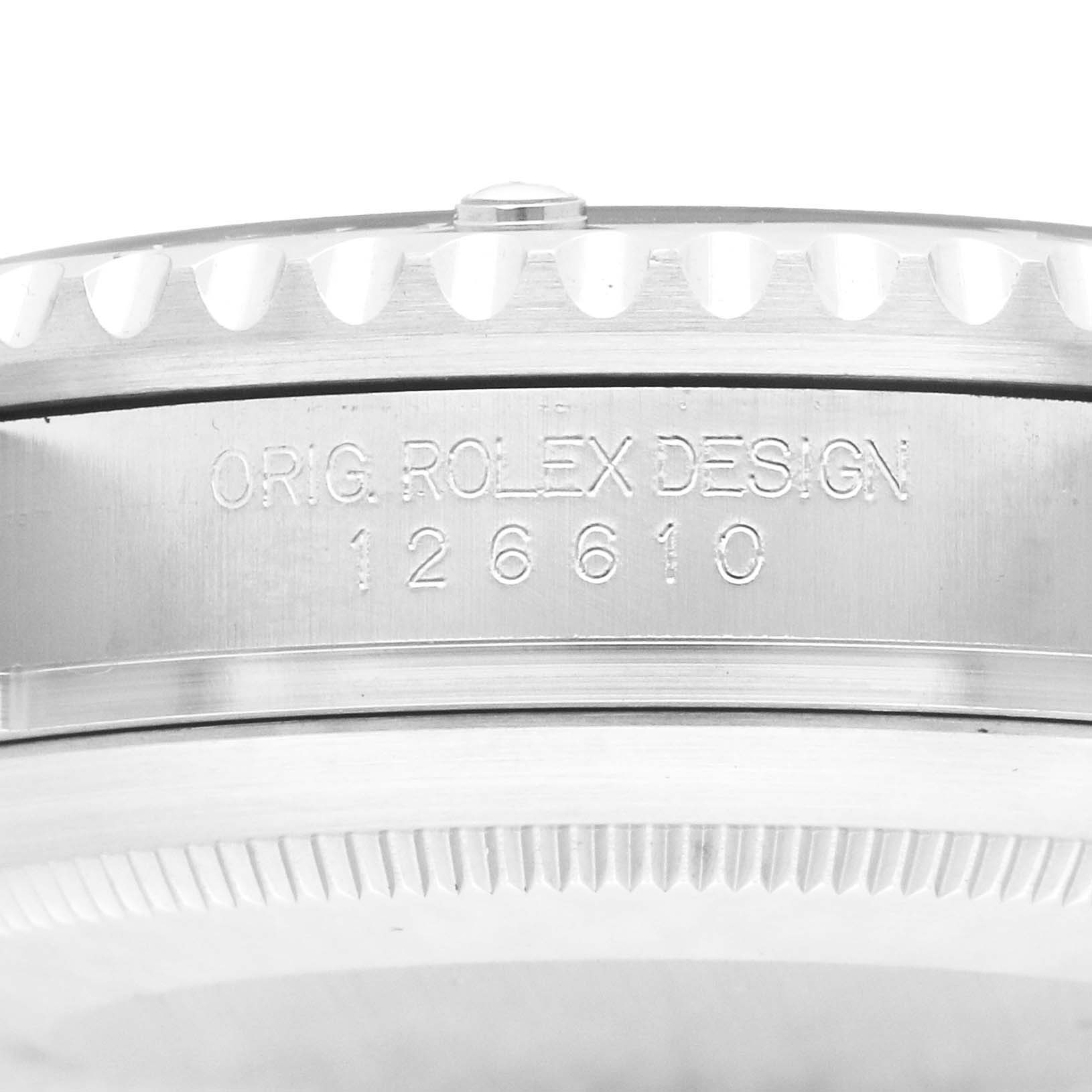 The image shows the side profile of a Rolex Submariner 126610 Men
s Stainless Steel Black Dial watch, focusing on the engraved model number 126610 and its bezel.