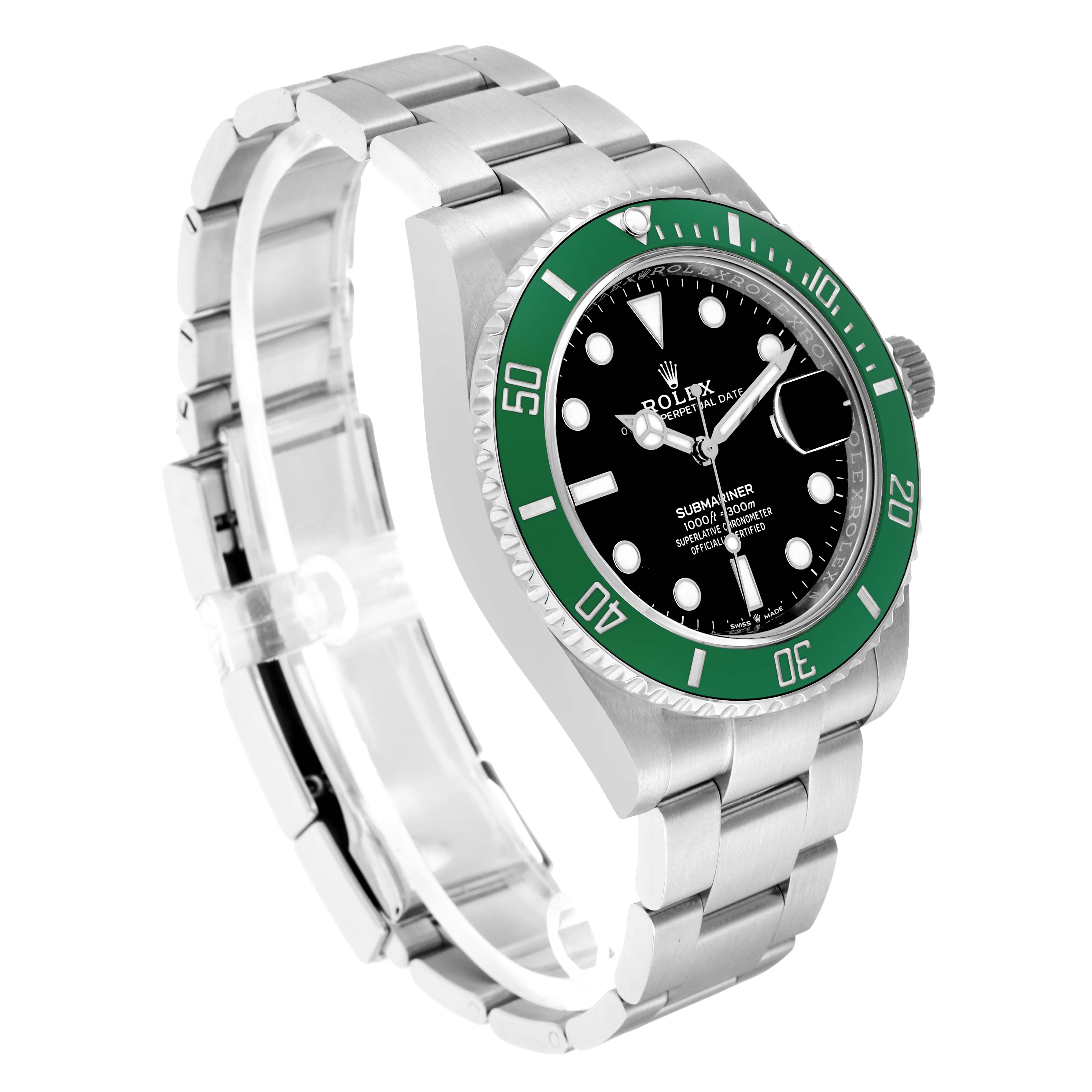 The Rolex Submariner 126610 Men
s Stainless Steel Black Dial watch is shown at an angled side view, highlighting the face, bezel, bracelet, and crown.