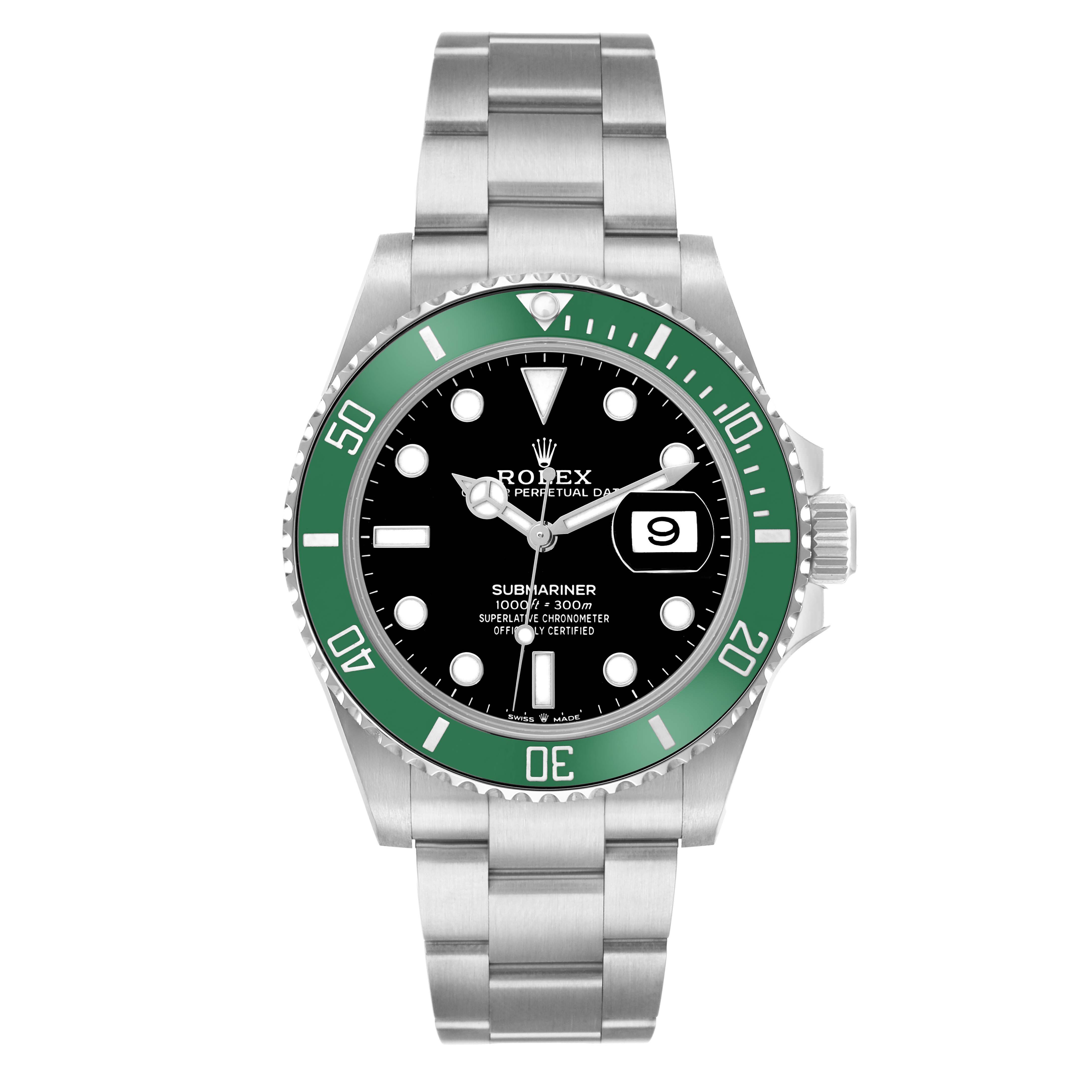 The Rolex Submariner 126610 Men
s Stainless Steel Black Dial watch is shown from a top-down angle, highlighting the dial, green bezel, and metal bracelet.
