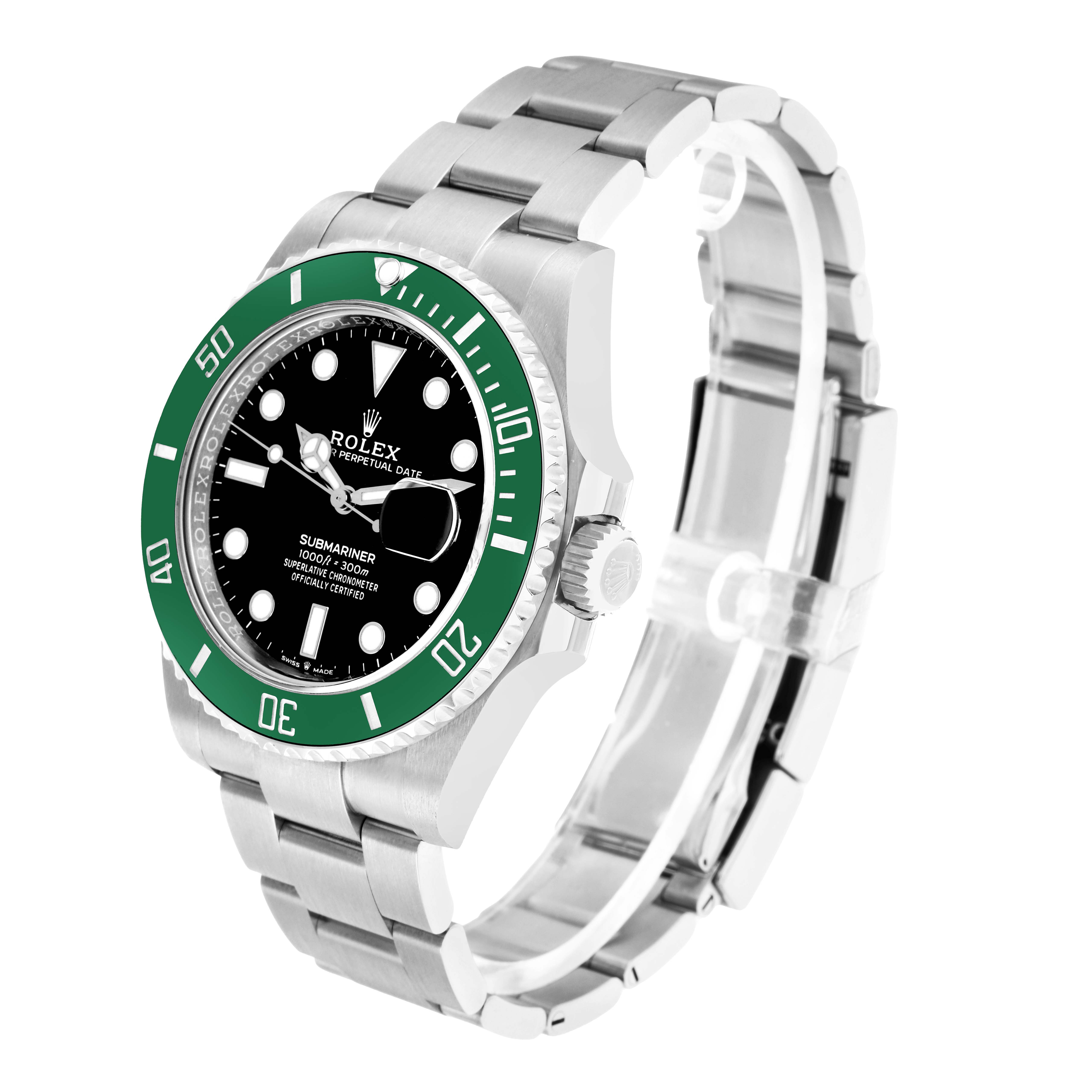 The Rolex Submariner 126610 Men
s Stainless Steel Black Dial watch is shown at an angled side view, highlighting the green bezel and stainless steel bracelet.