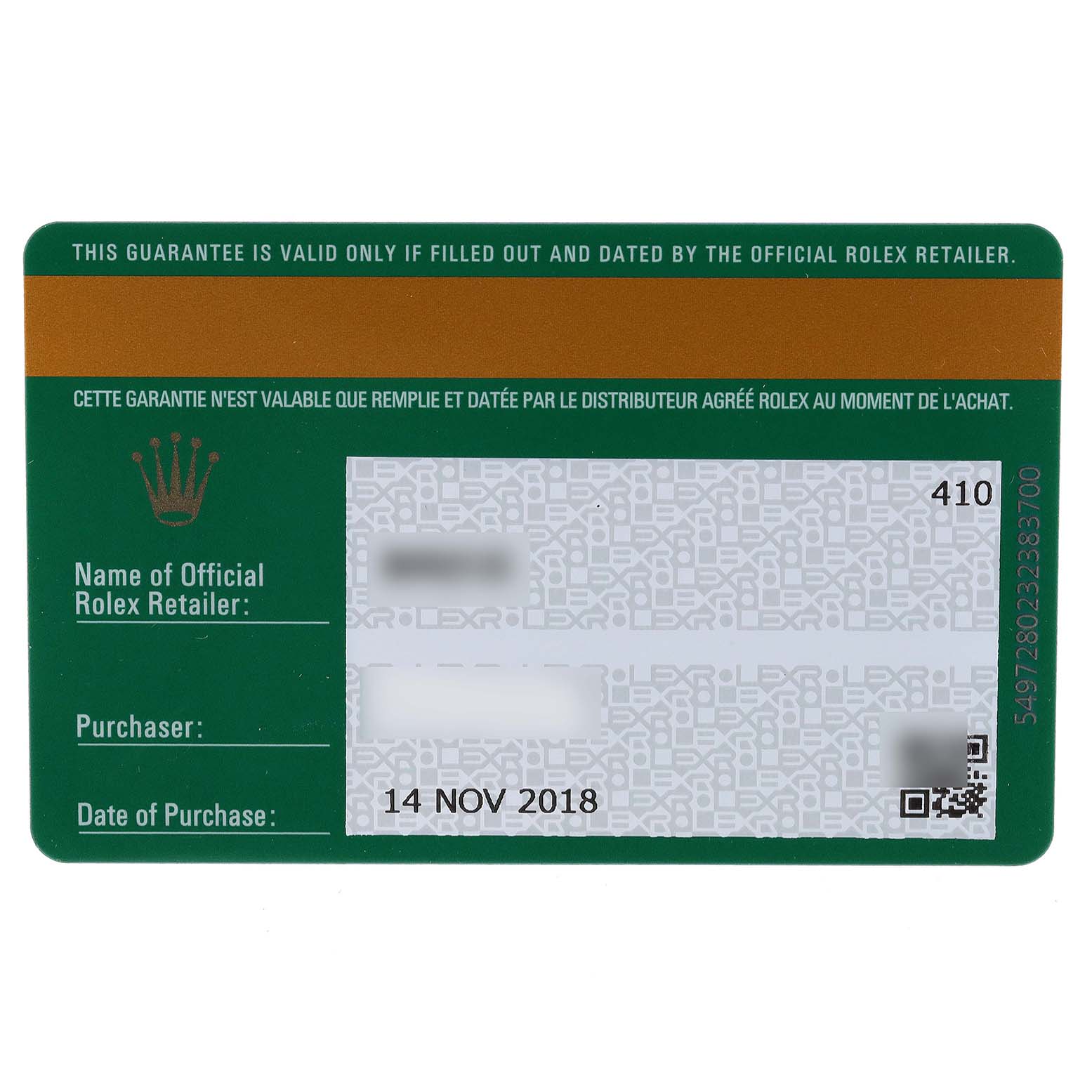 This image shows a guarantee card for a Rolex Submariner 116613 Men's Steel and Gold (two tone) Blue Dial 116613 Men's Steel and Gold (two tone) Blue Dial watch, detailing the retailer, purchaser, and date of purchase.