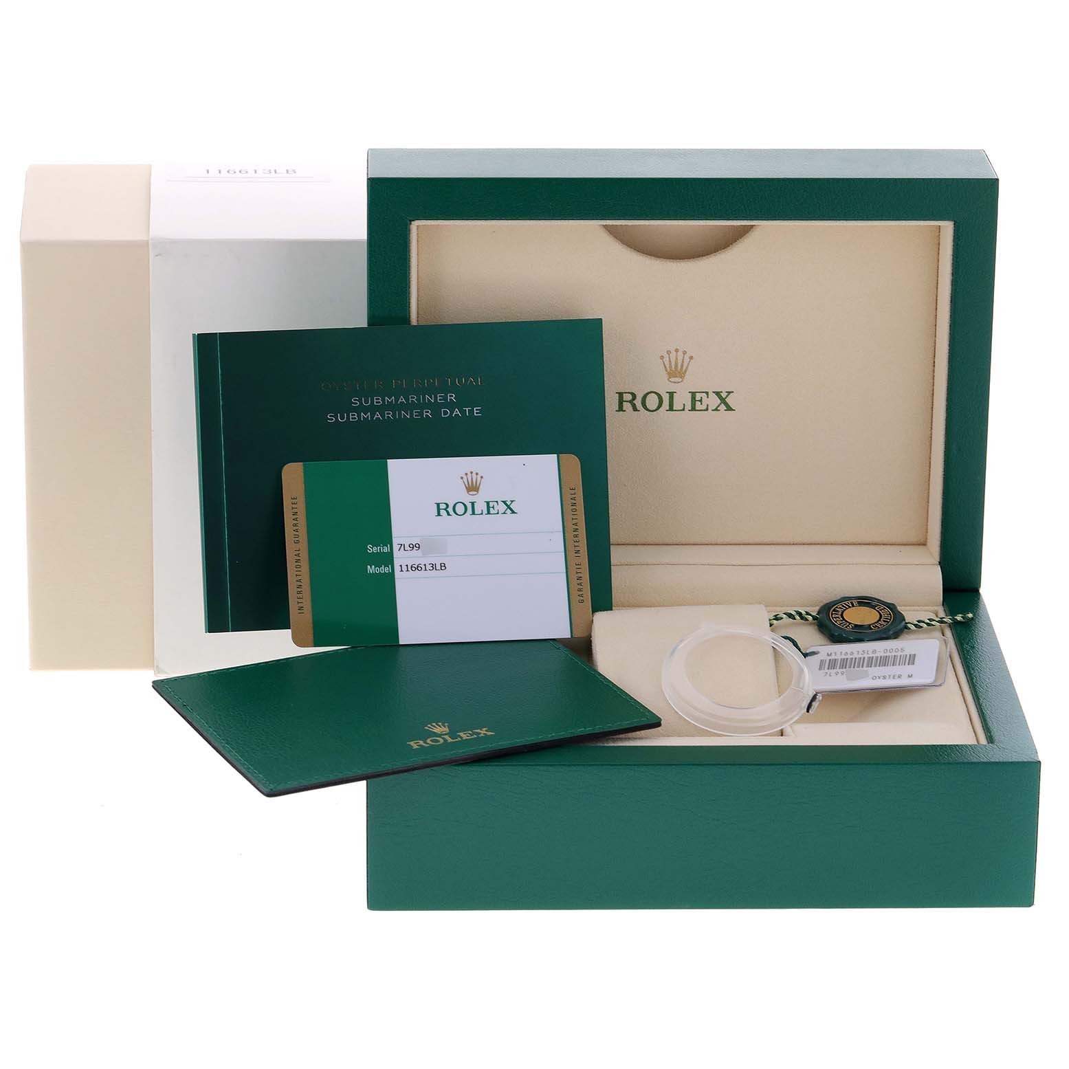 The image shows the packaging and accessories of a Rolex Submariner 116613 Men's Steel and Gold (two tone) Blue Dial 116613 Men's Steel and Gold (two tone) Blue Dial, including the box, guarantee card, manual, and tags.