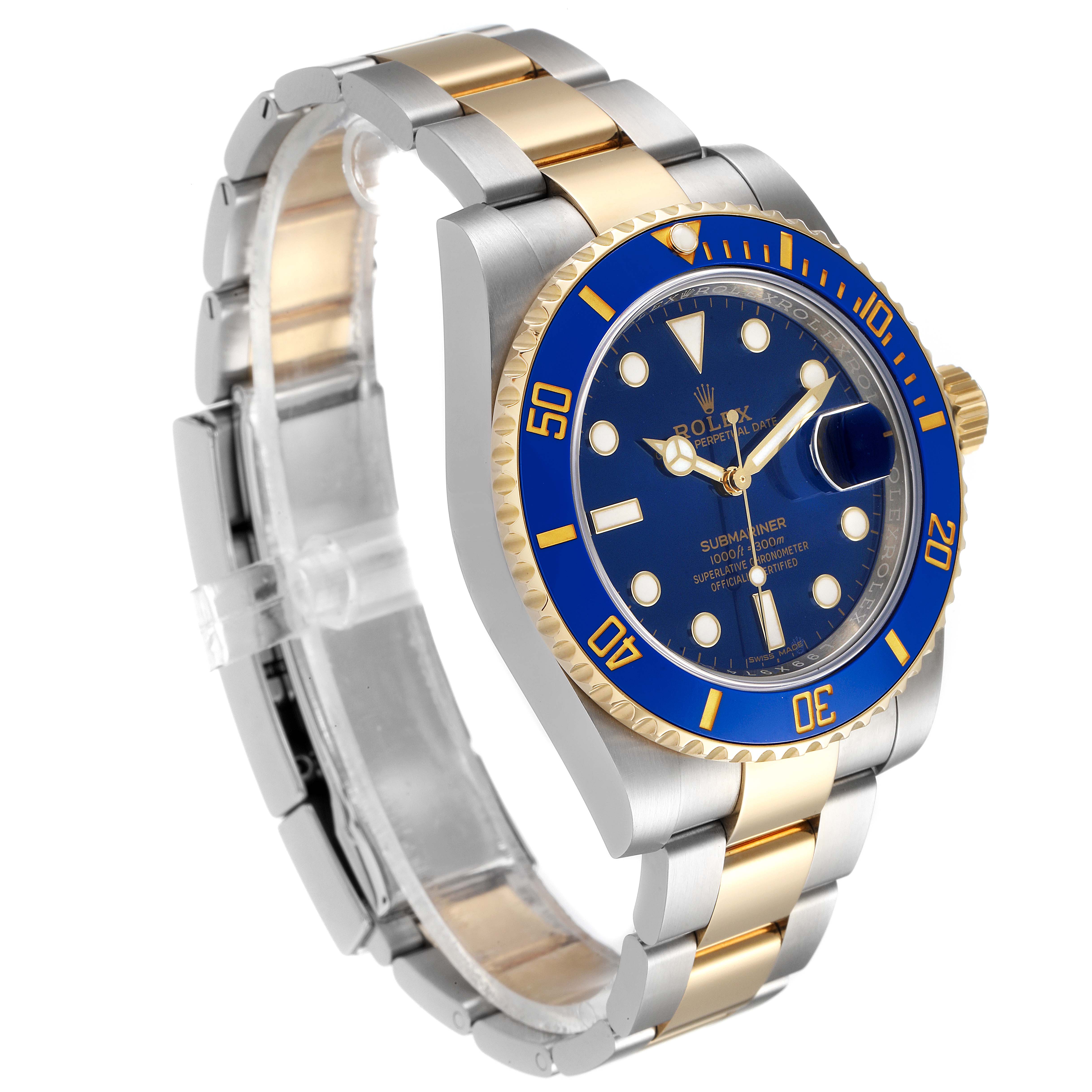 The image shows a side angle of the Rolex Submariner 116613 Men's Steel and Gold (two tone) Blue Dial 116613 Men's Steel and Gold (two tone) Blue Dial watch, highlighting its blue dial, bezel, and two-tone metal strap.