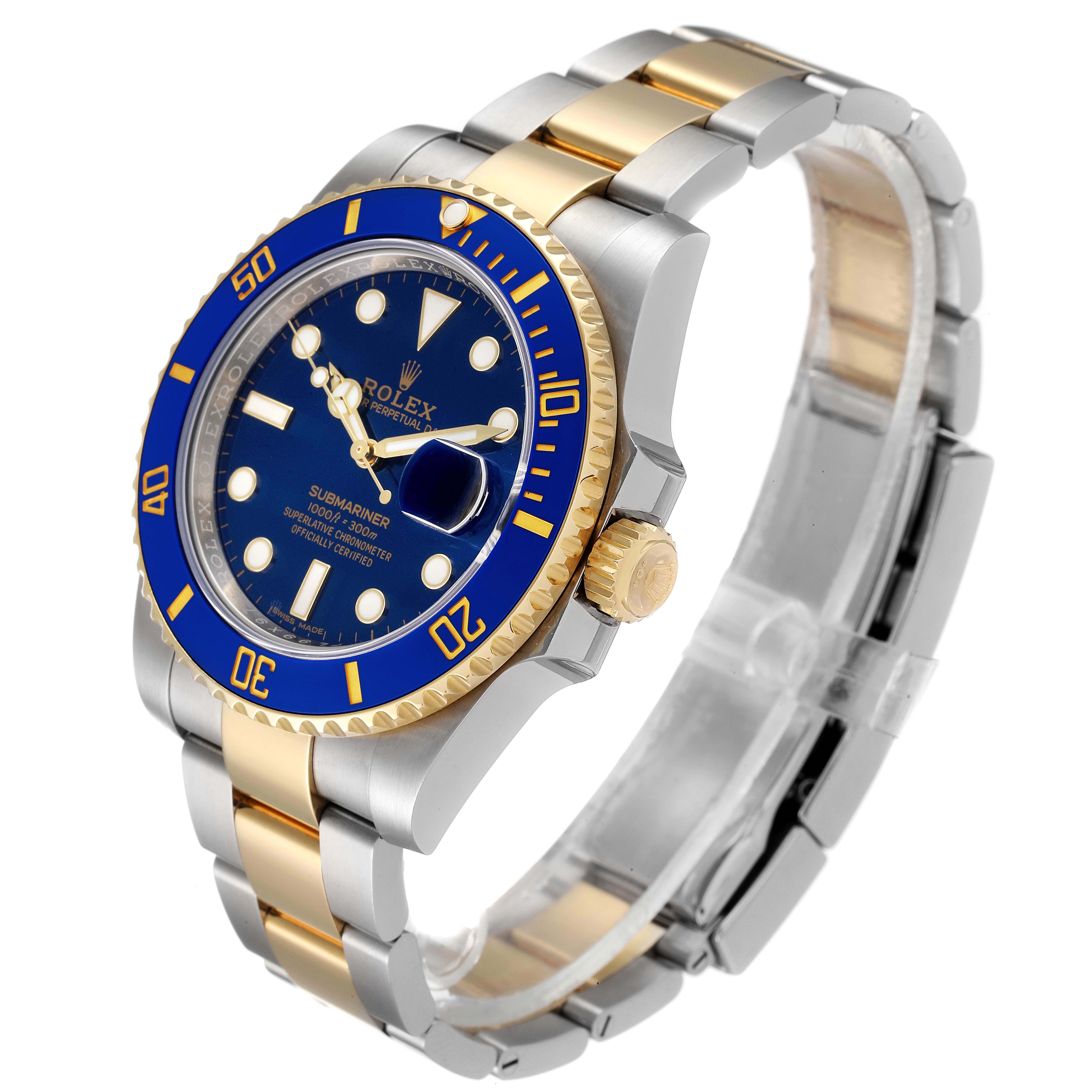 The image shows a side angled view of a Rolex Submariner 116613 Men's Steel and Gold (two tone) Blue Dial 116613 Men's Steel and Gold (two tone) Blue Dial watch, highlighting the blue dial, bezel, and two-tone metal band.