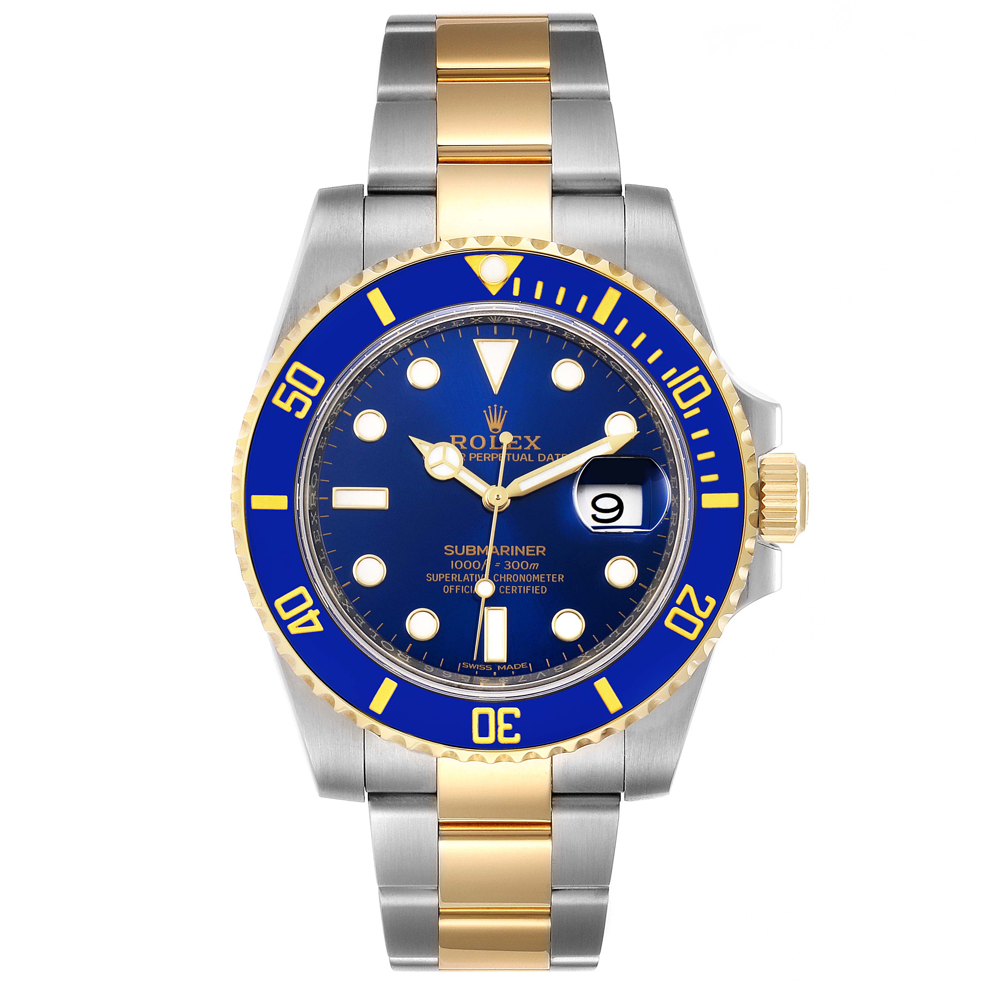 This image shows a Rolex Submariner 116613 Men's Steel and Gold (two tone) Blue Dial 116613 Men's Steel and Gold (two tone) Blue Dial watch from a front angle, highlighting its blue dial, blue bezel, and two-tone bracelet.