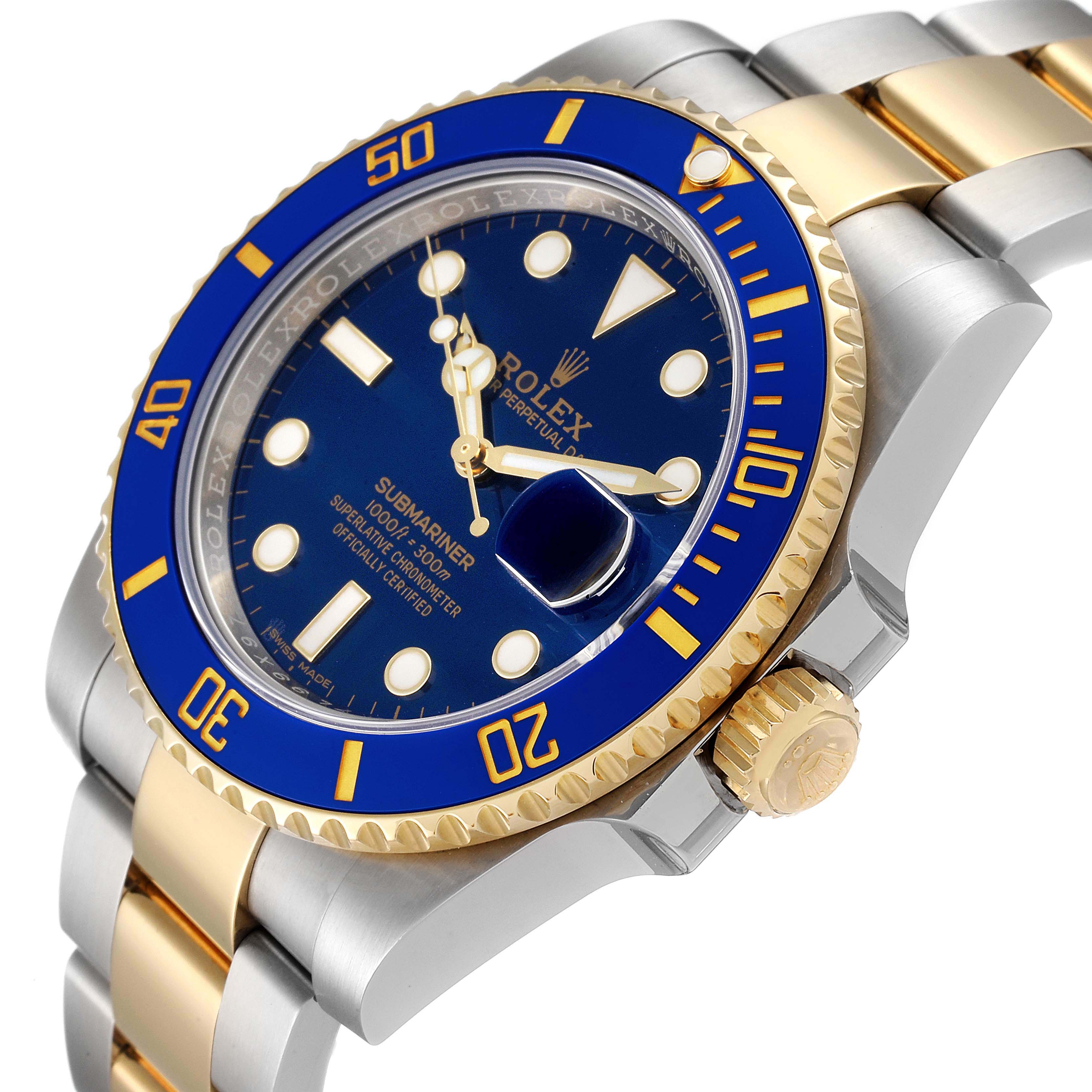 This image shows a side angle of the Rolex Submariner 116613 Men's Steel and Gold (two tone) Blue Dial 116613 Men's Steel and Gold (two tone) Blue Dial watch, highlighting its blue dial, bezel, crown, and two-tone bracelet.