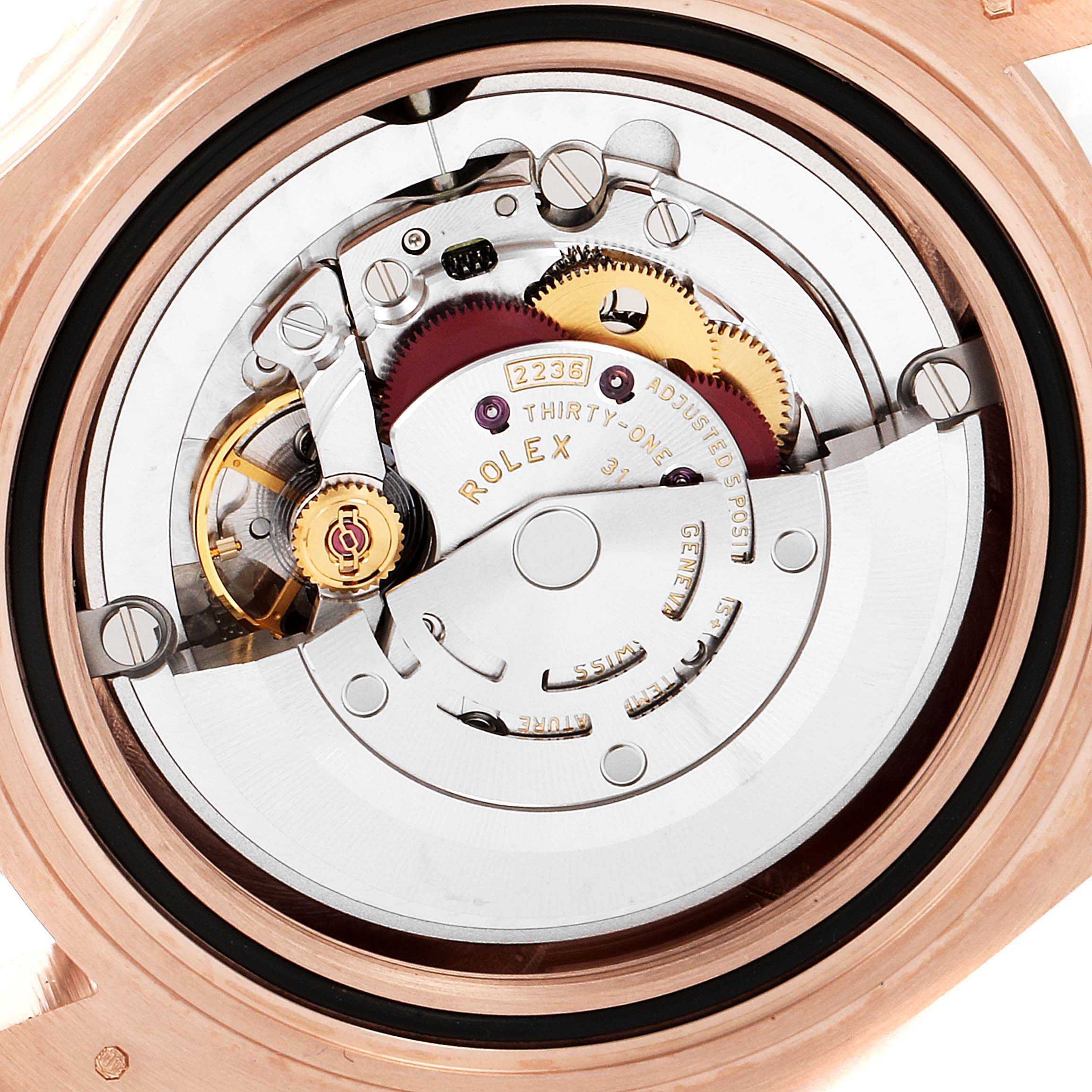 This image shows the Rolex Yacht-Master 268655 Men's Rose Gold Black Dial 268655 Men's Rose Gold Black Dial watch movement parts from a back angle.