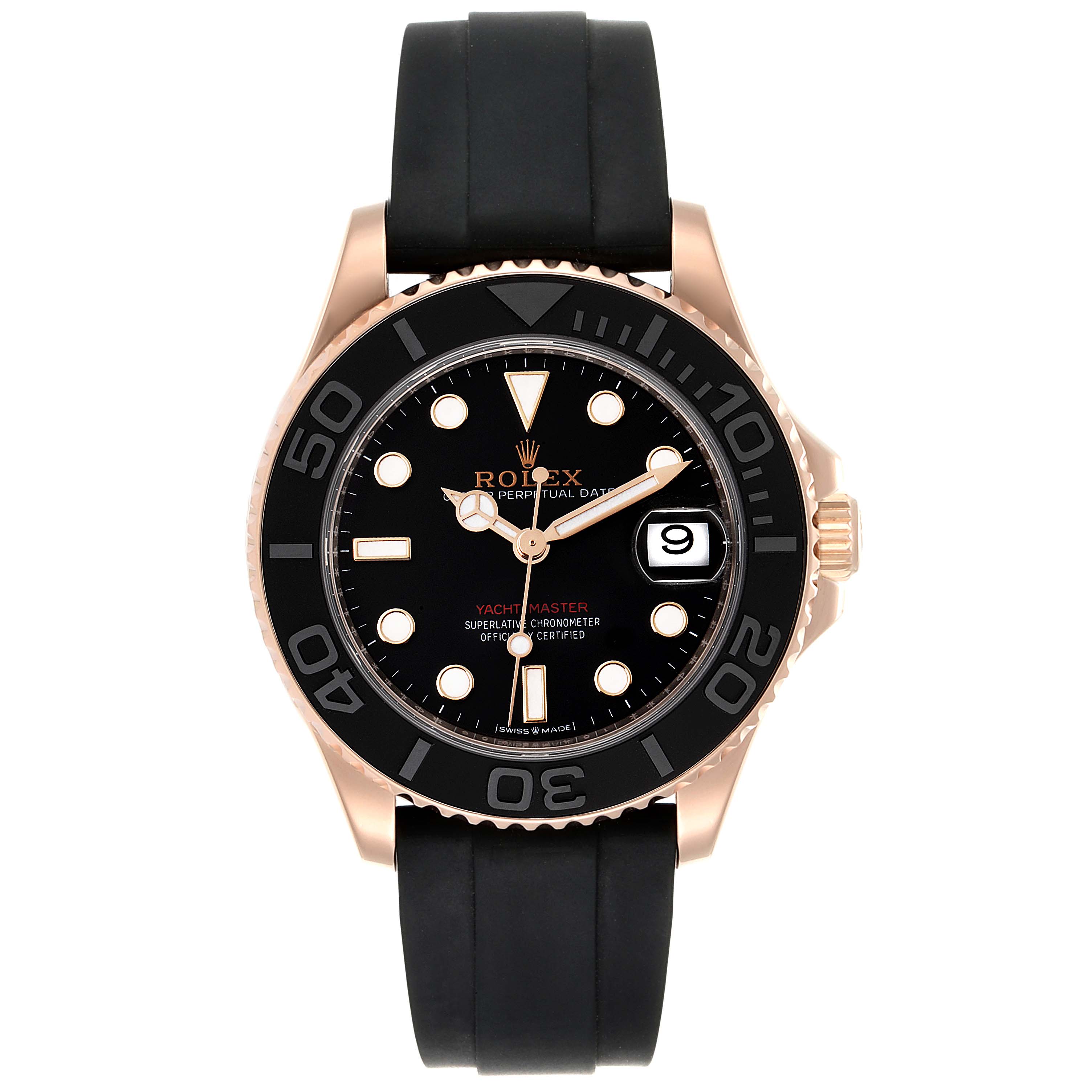 The image shows a front view of the Rolex Yacht-Master 268655 Men's Rose Gold Black Dial 268655 Men's Rose Gold Black Dial watch, highlighting its black dial, date window, and black rubber strap.