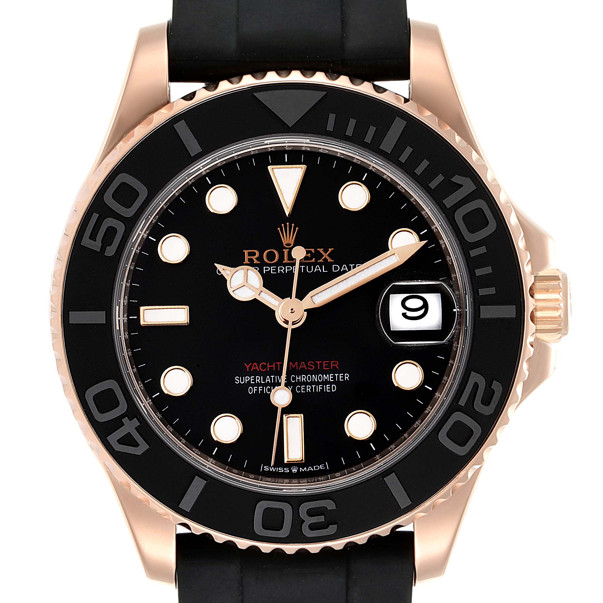 The image shows a front view of a Rolex Yacht-Master 268655 Men's Rose Gold Black Dial 268655 Men's Rose Gold Black Dial watch, highlighting the black dial, rose gold case, and date window.
