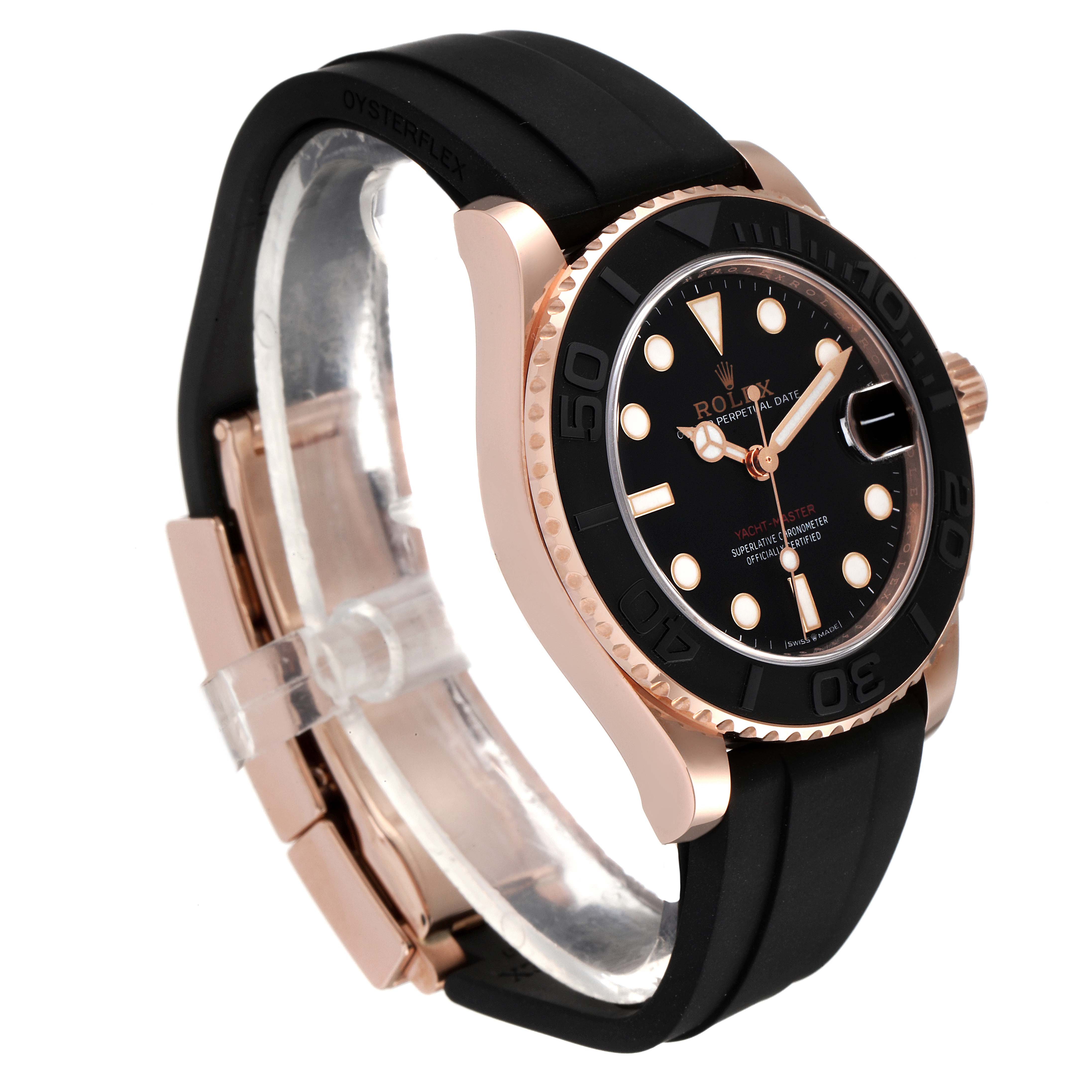 The image shows a side angle view of a Rolex Yacht-Master 268655 Men's Rose Gold Black Dial 268655 Men's Rose Gold Black Dial watch, highlighting the face, bezel, crown, and strap.