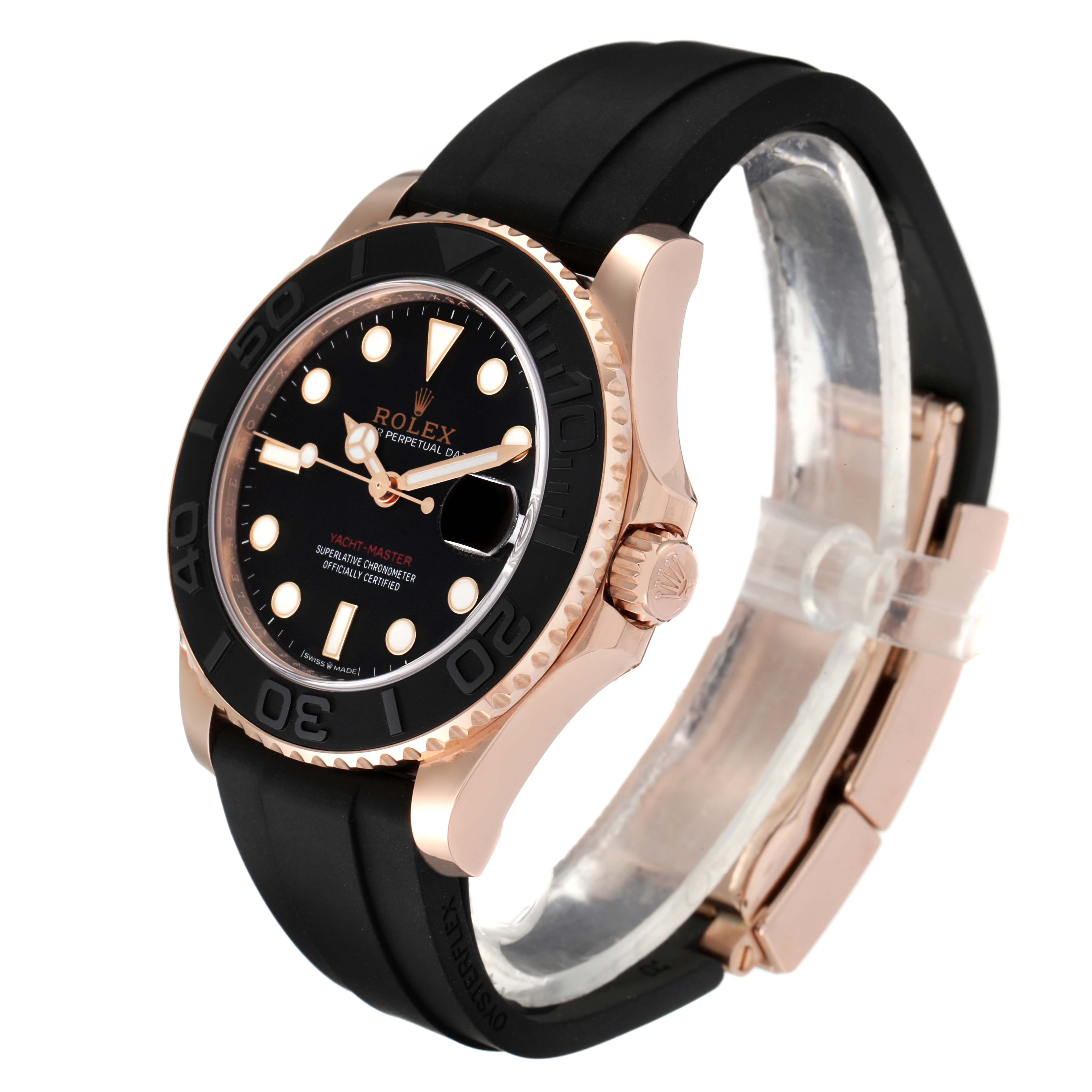 The image shows a side angle of the Rolex Yacht-Master 268655 Men's Rose Gold Black Dial 268655 Men's Rose Gold Black Dial watch highlighting its bezel, dial, crown, and strap.
