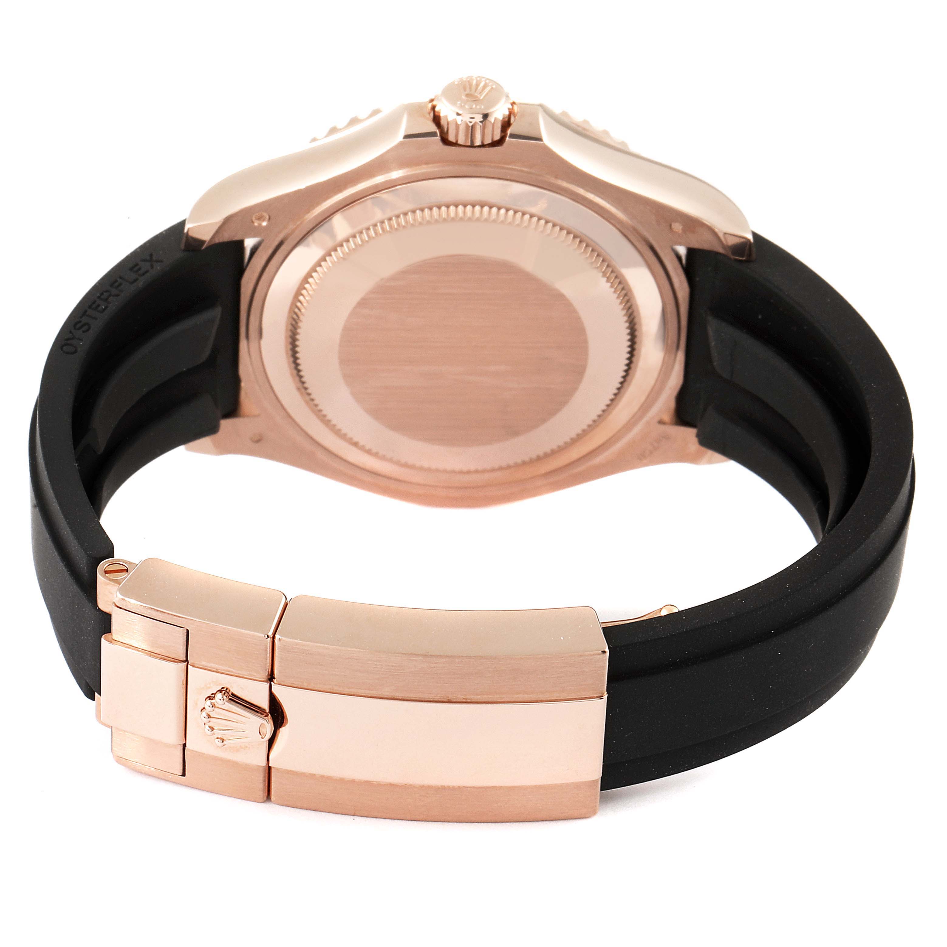 The image shows the back view of the Rolex Yacht-Master 268655 Men's Rose Gold Black Dial 268655 Men's Rose Gold Black Dial watch, highlighting the case back, crown, and folding clasp on the strap.