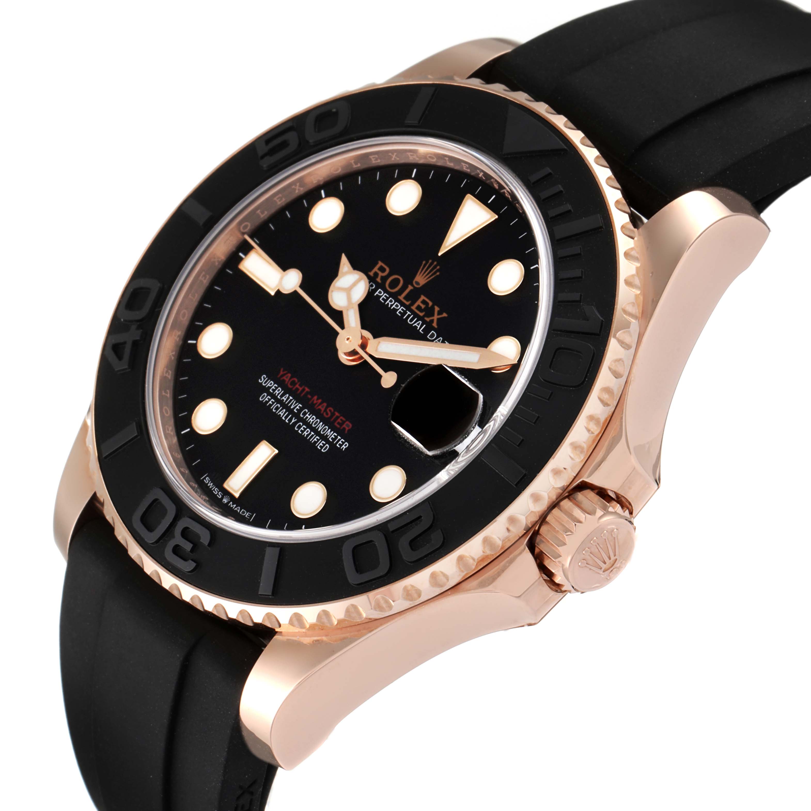 The Rolex Yacht-Master 268655 Men's Rose Gold Black Dial 268655 Men's Rose Gold Black Dial watch is shown at an oblique angle displaying the bezel, crown, dial, and strap.