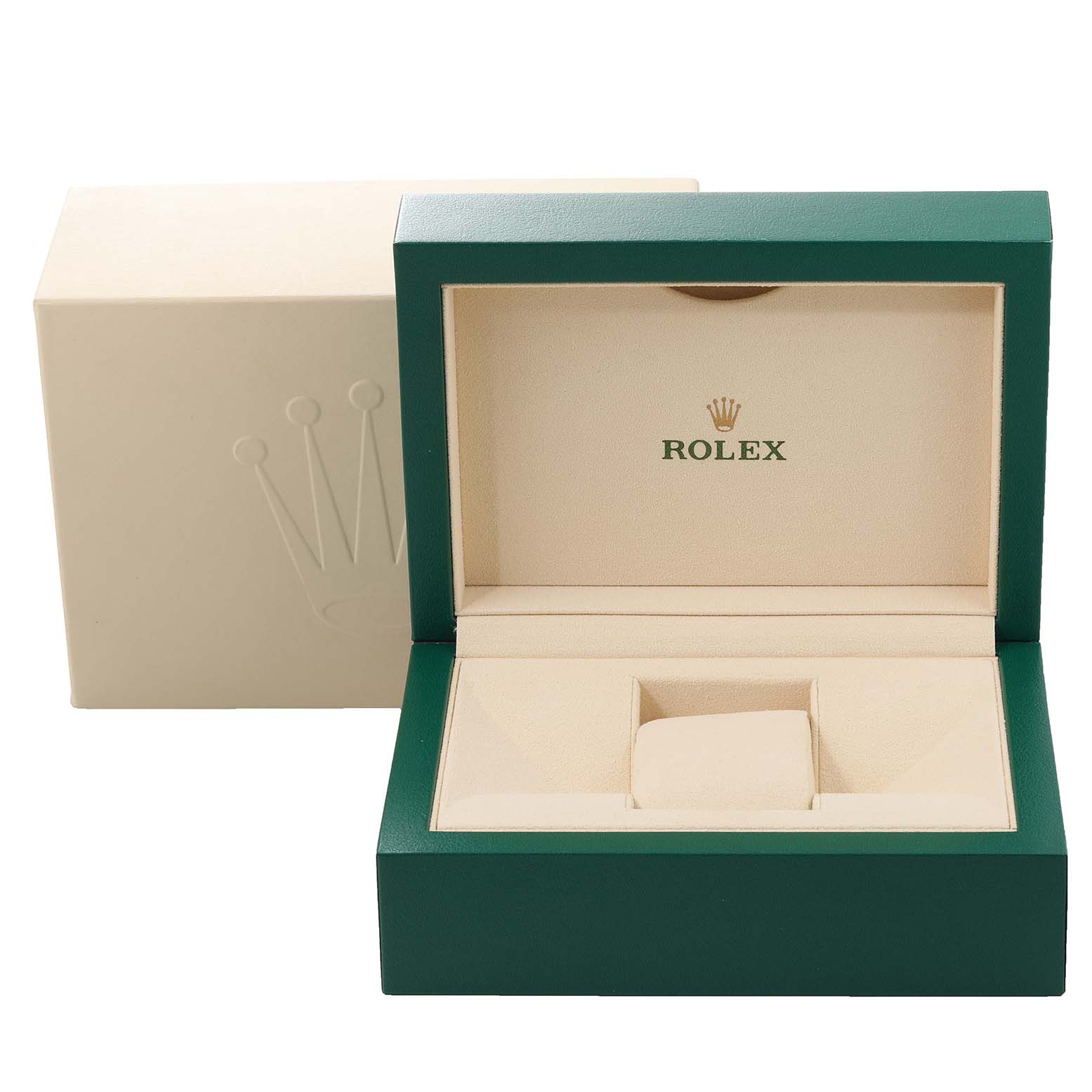 The image shows an open Rolex watch box for the Yacht-Master model, with its outer box visible.