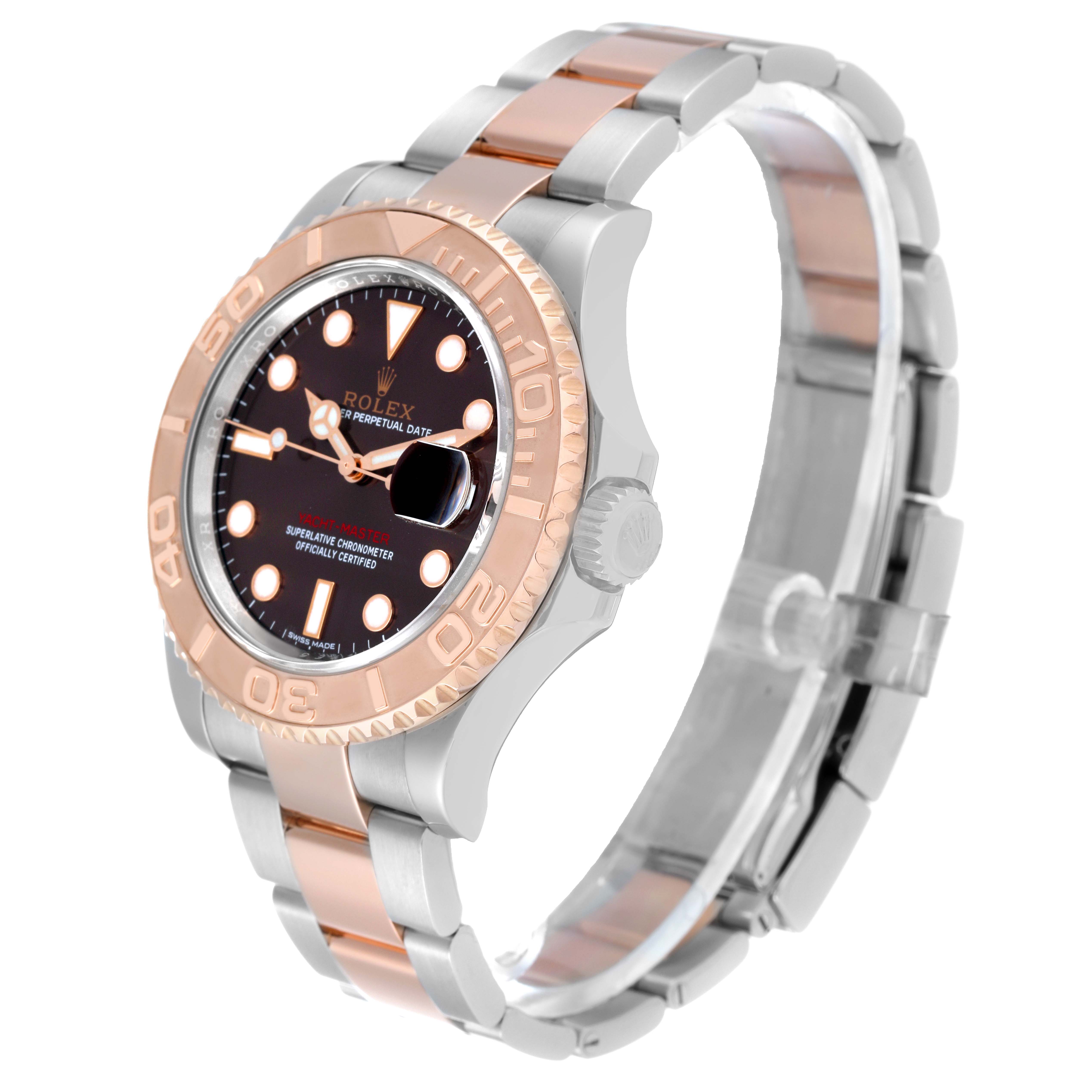 This image shows a side and front angle of the Rolex Yacht-Master 116621 Men's Steel and Gold (two tone) Brown Dial 116621 Men's Steel and Gold (two tone) Brown Dial watch, highlighting its bezel, dial, and bracelet.