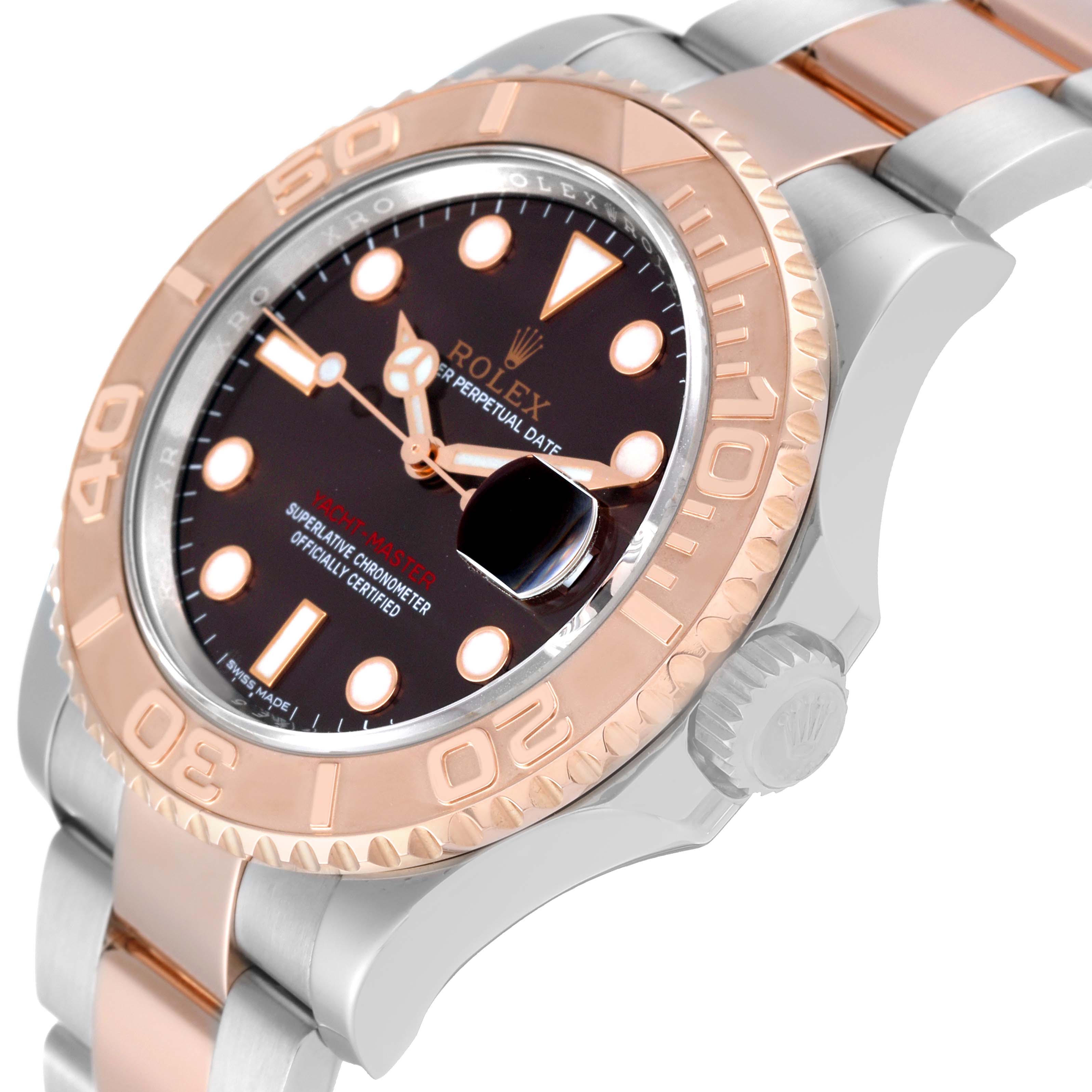 The image shows the Rolex Yacht-Master 116621 Men's Steel and Gold (two tone) Brown Dial 116621 Men's Steel and Gold (two tone) Brown Dial model's dial, bezel, and bracelet at an angled side view.