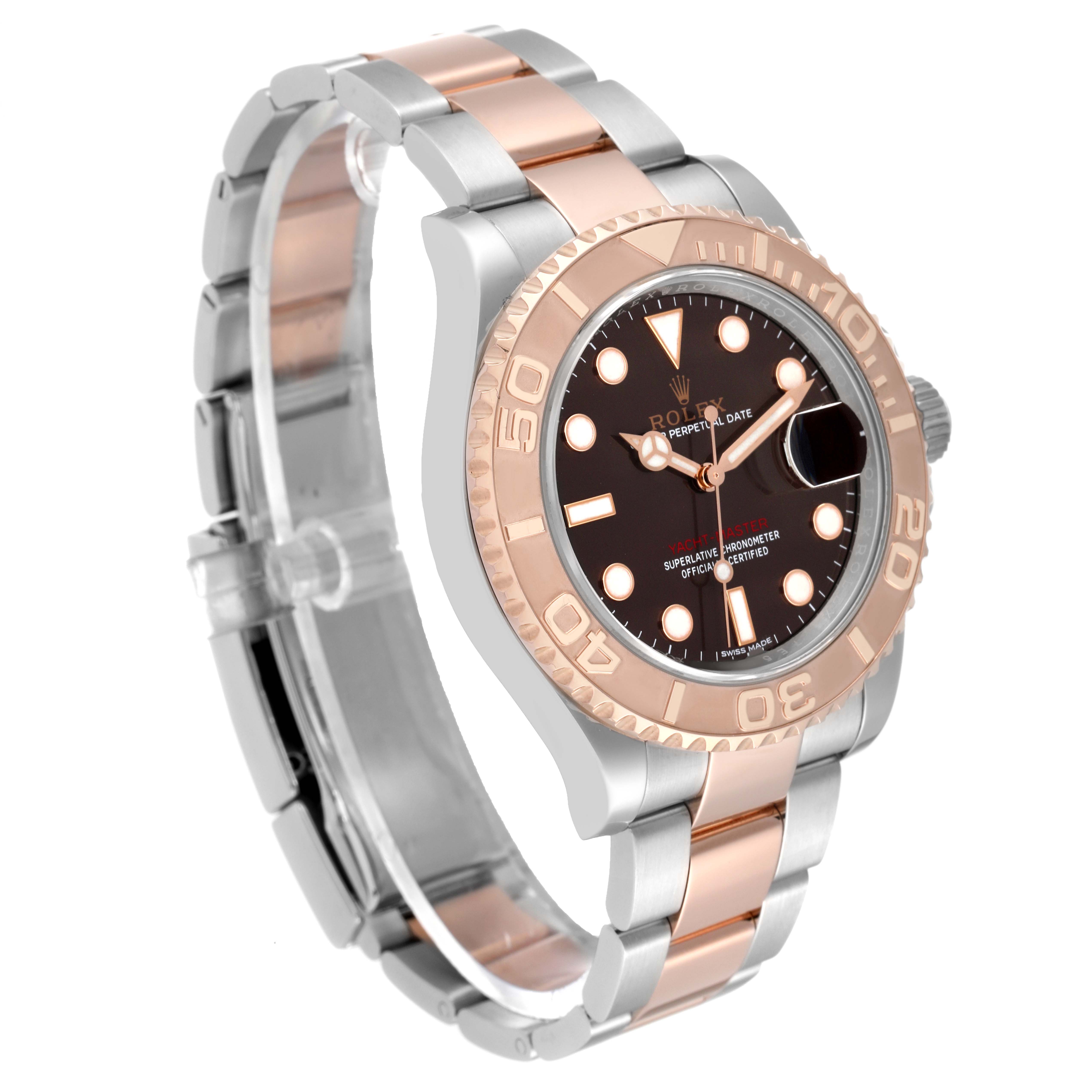 The Rolex Yacht-Master 116621 Men's Steel and Gold (two tone) Brown Dial 116621 Men's Steel and Gold (two tone) Brown Dial watch is shown at a slight angle, highlighting its two-tone bracelet, dial, and bezel.