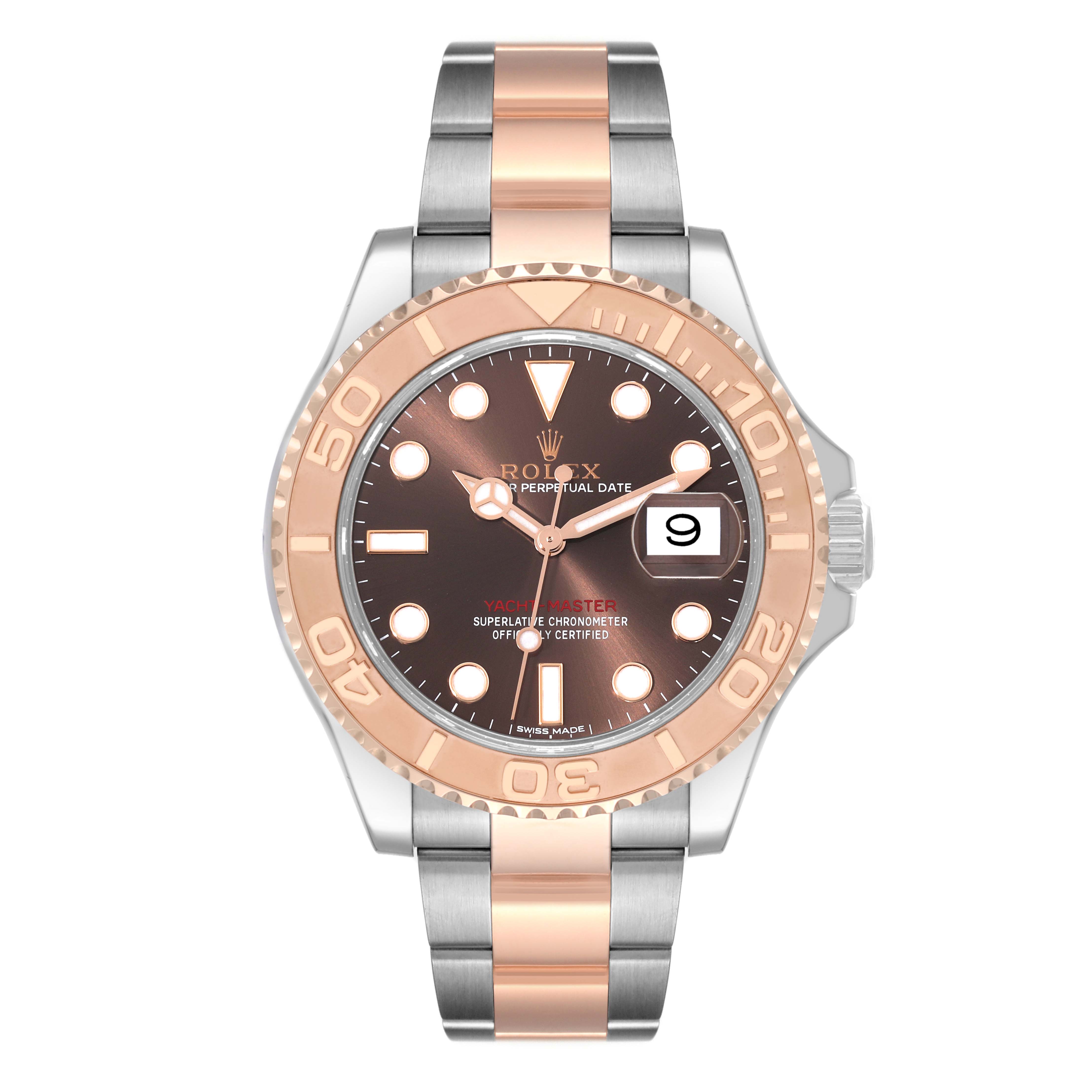 The Rolex Yacht-Master 116621 Men's Steel and Gold (two tone) Brown Dial 116621 Men's Steel and Gold (two tone) Brown Dial watch is shown from a front angle, displaying its dial, bezel, and bracelet.