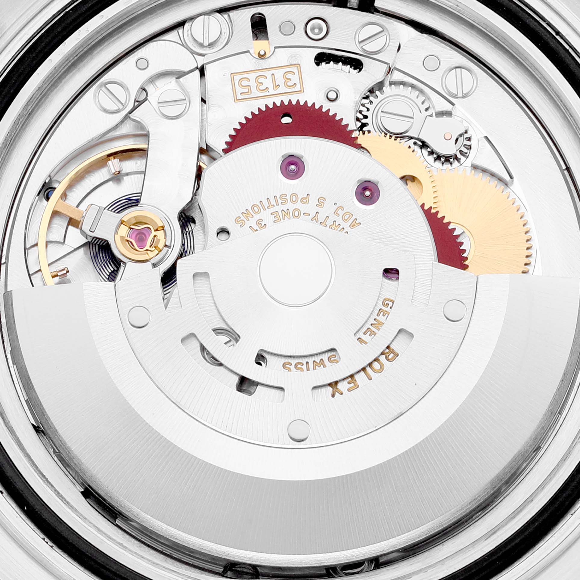 This image shows the intricate internal mechanism of a Rolex Yacht-Master 116621 Men's Steel and Gold (two tone) Brown Dial 116621 Men's Steel and Gold (two tone) Brown Dial watch, including gears and the rotor.