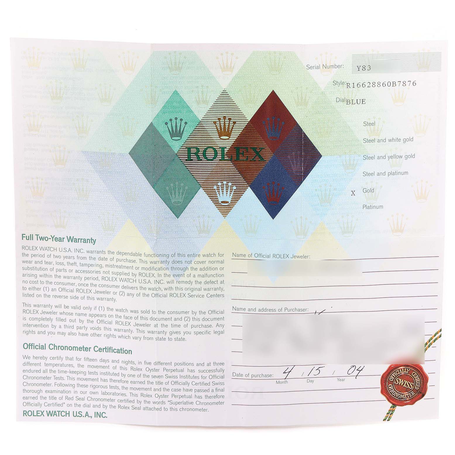 The image shows the warranty card of a Rolex Yacht-Master 16628 Men's Yellow Gold Blue Dial 16628 Men's Yellow Gold Blue Dial watch, including serial number, style, and purchase details.