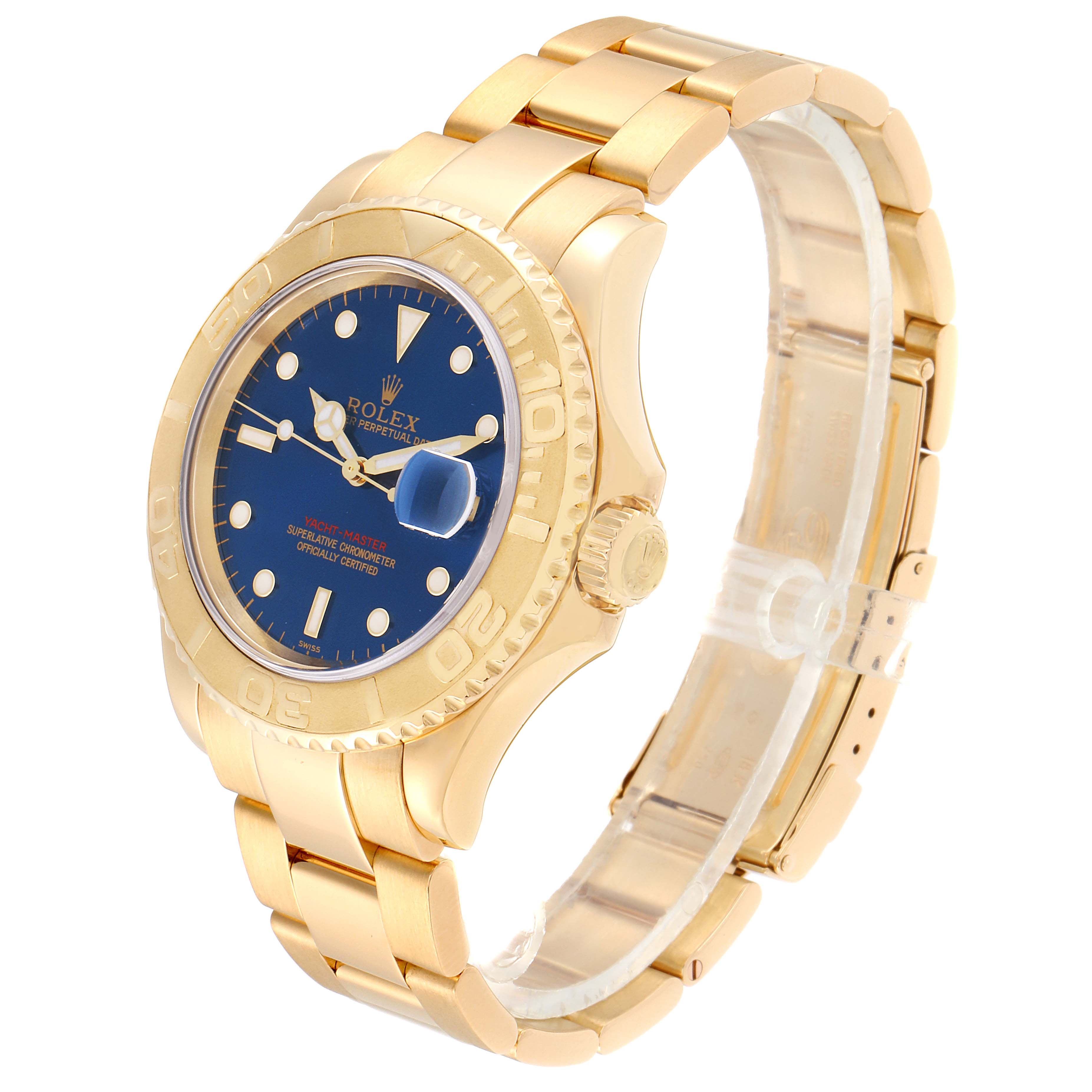 The Rolex Yacht-Master 16628 Men's Yellow Gold Blue Dial 16628 Men's Yellow Gold Blue Dial watch is shown at a three-quarter angle, highlighting its blue dial, gold case, and bracelet.