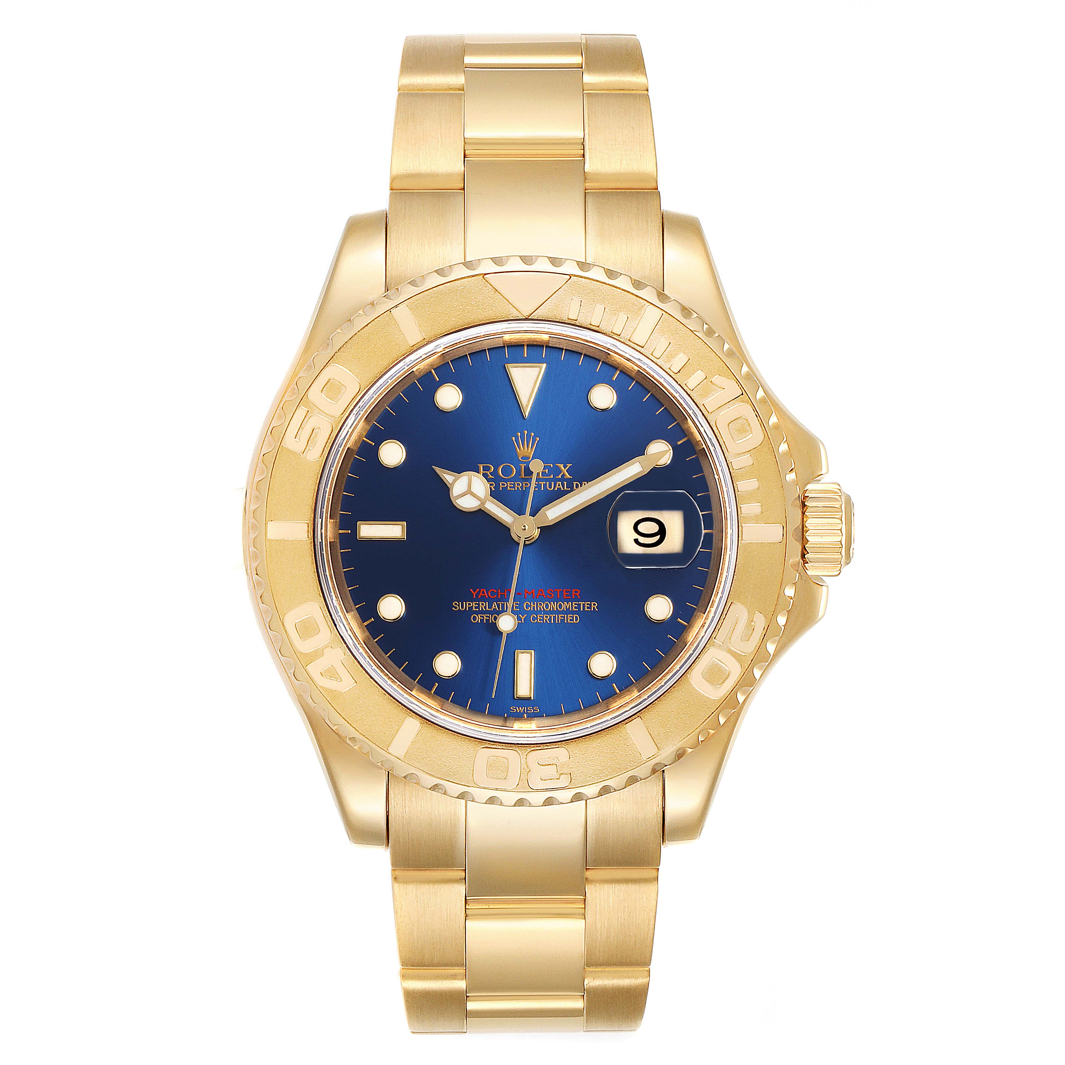 This Yacht-Master Rolex watch is shown from a front angle, highlighting the gold bracelet, blue dial, and date window.